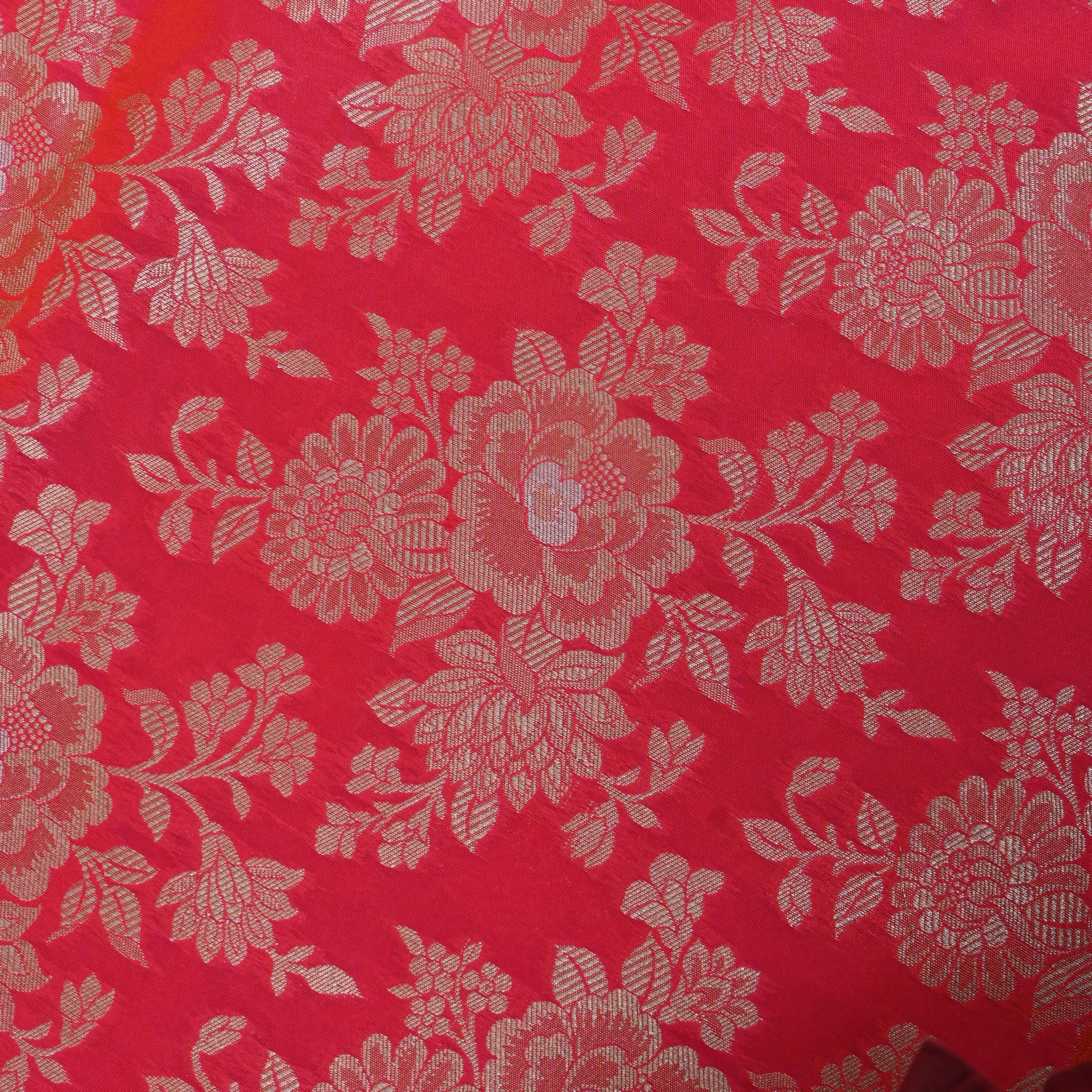 Coral Red Golden Rose Bouquet Jamawar Silk