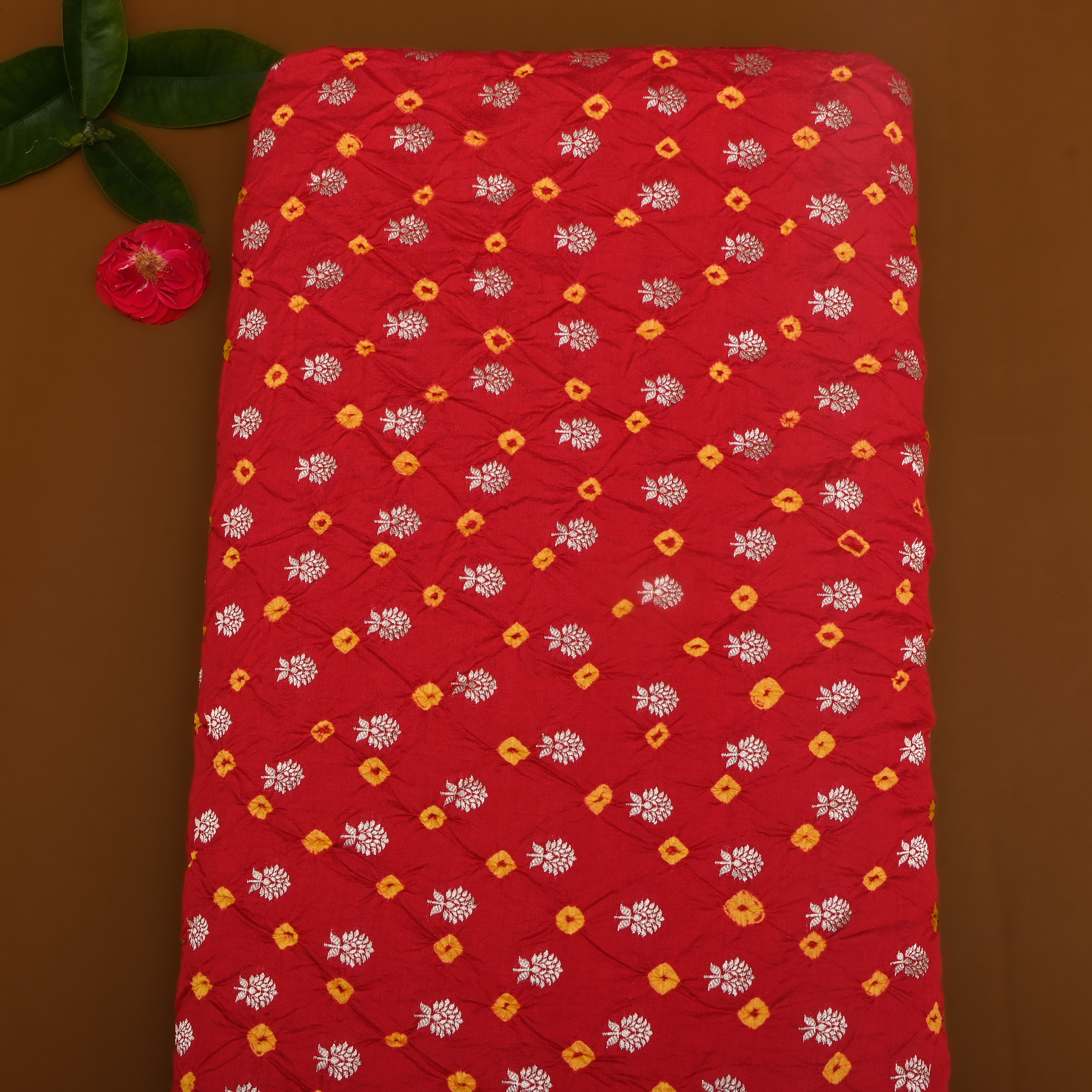 Crimson Red Floral Bandhani Silk Fabric