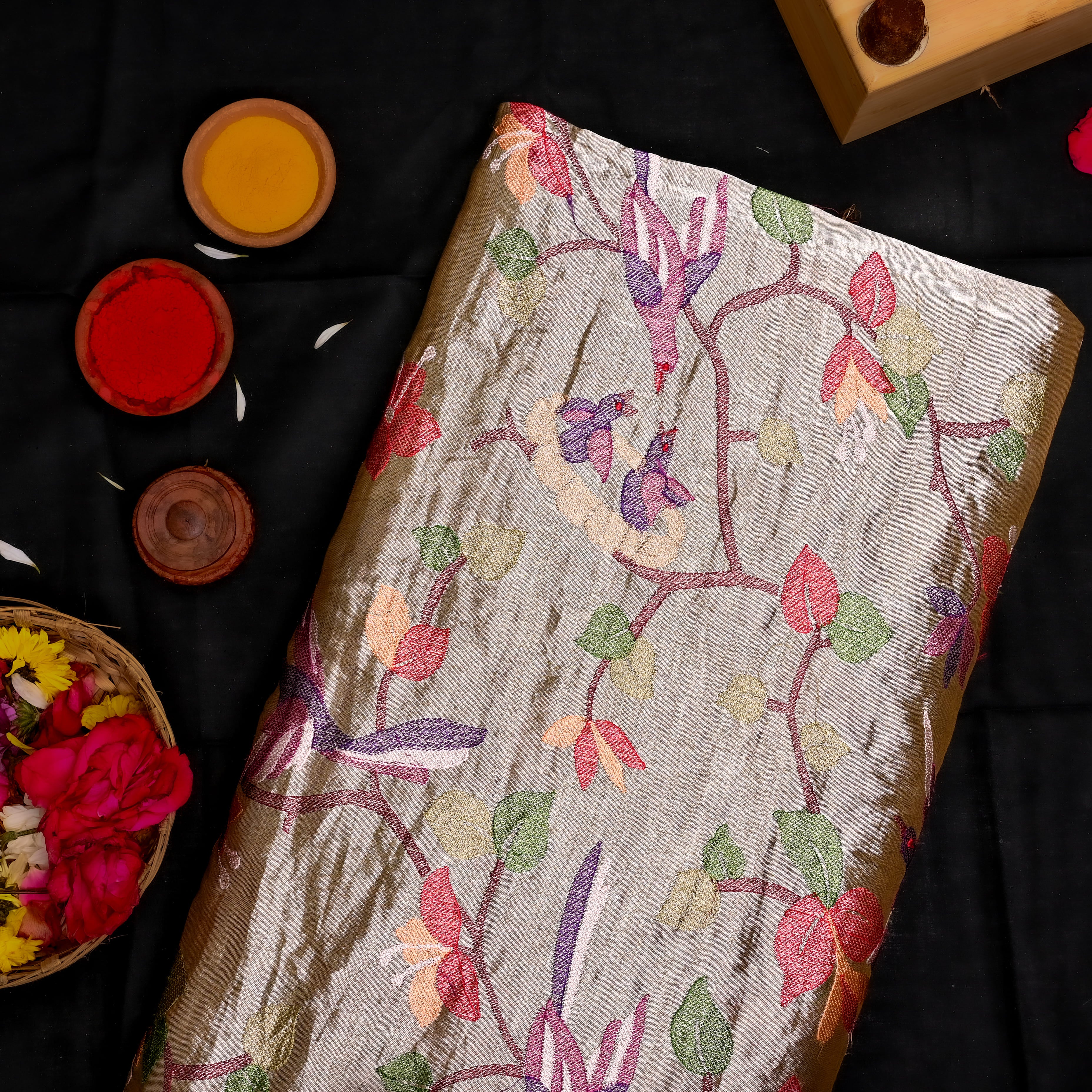 Silver Tissue Fabric With Avian Embroidery