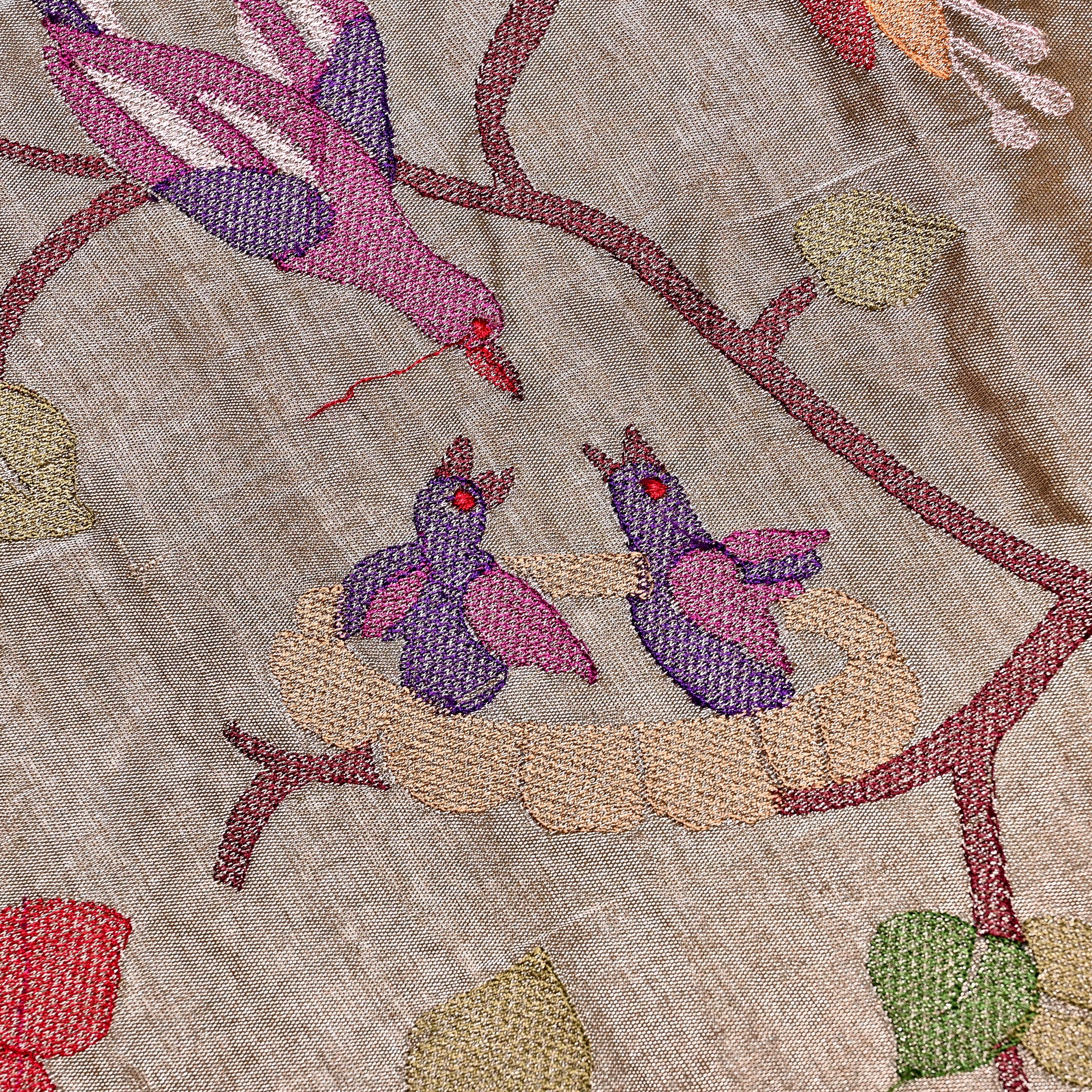 Silver Tissue Fabric With Avian Embroidery