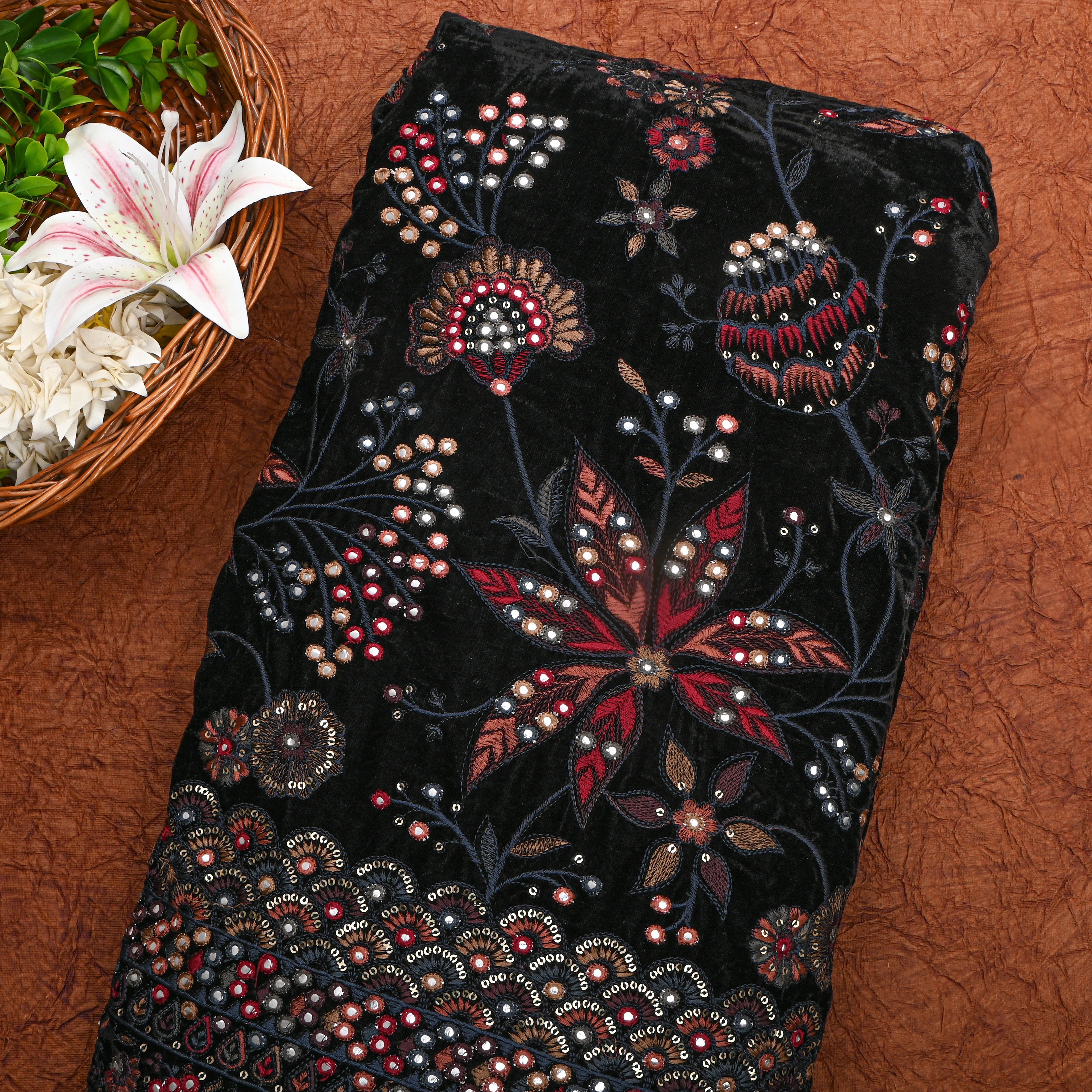 Black Multicolour Mirror Work Floral Velvet