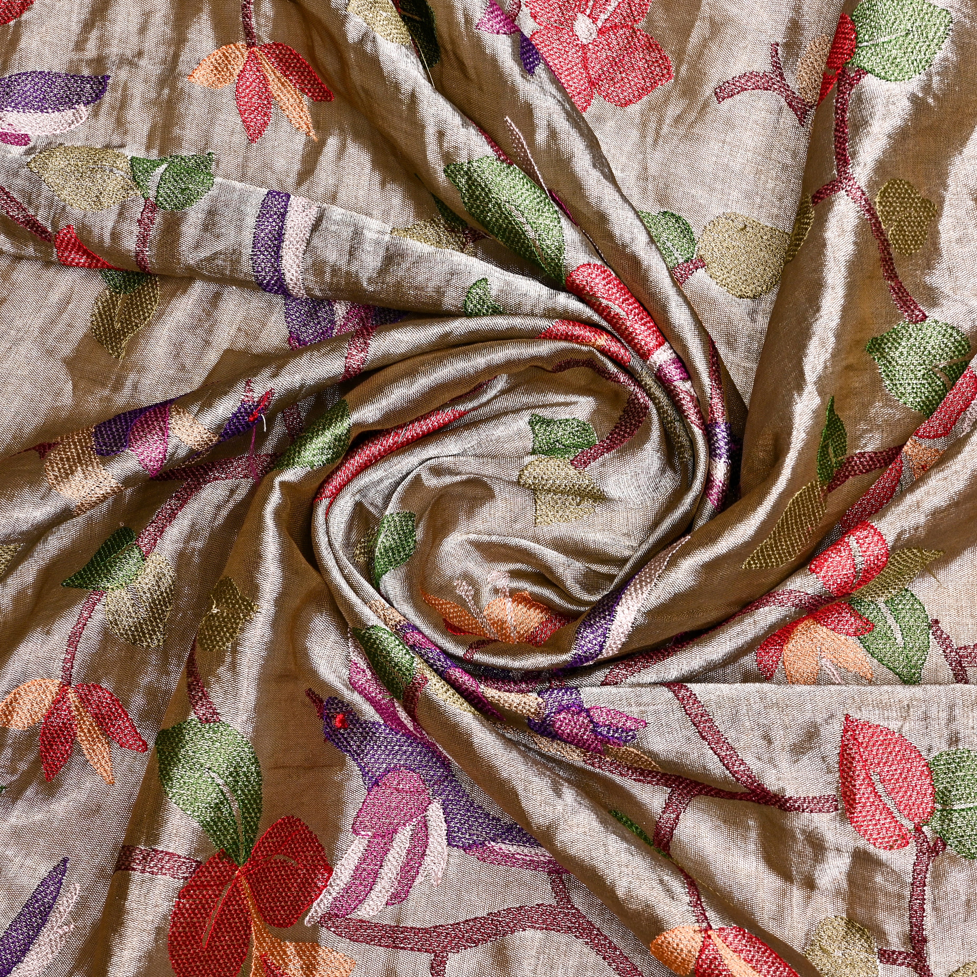 Silver Tissue Fabric With Avian Embroidery