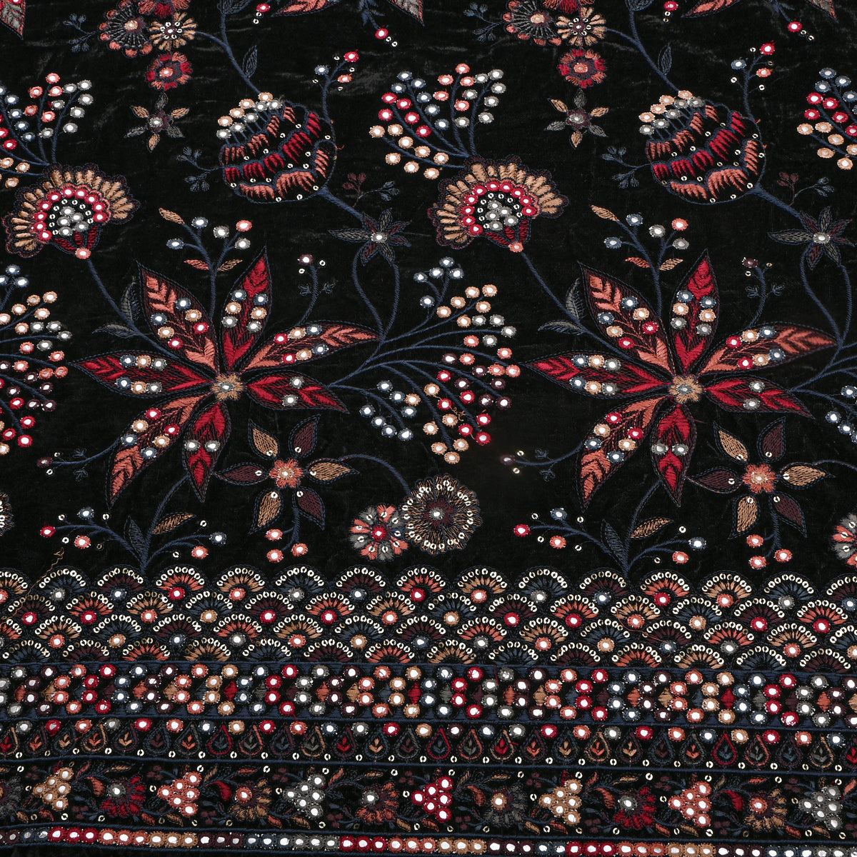 Black Multicolour Mirror Work Floral Velvet