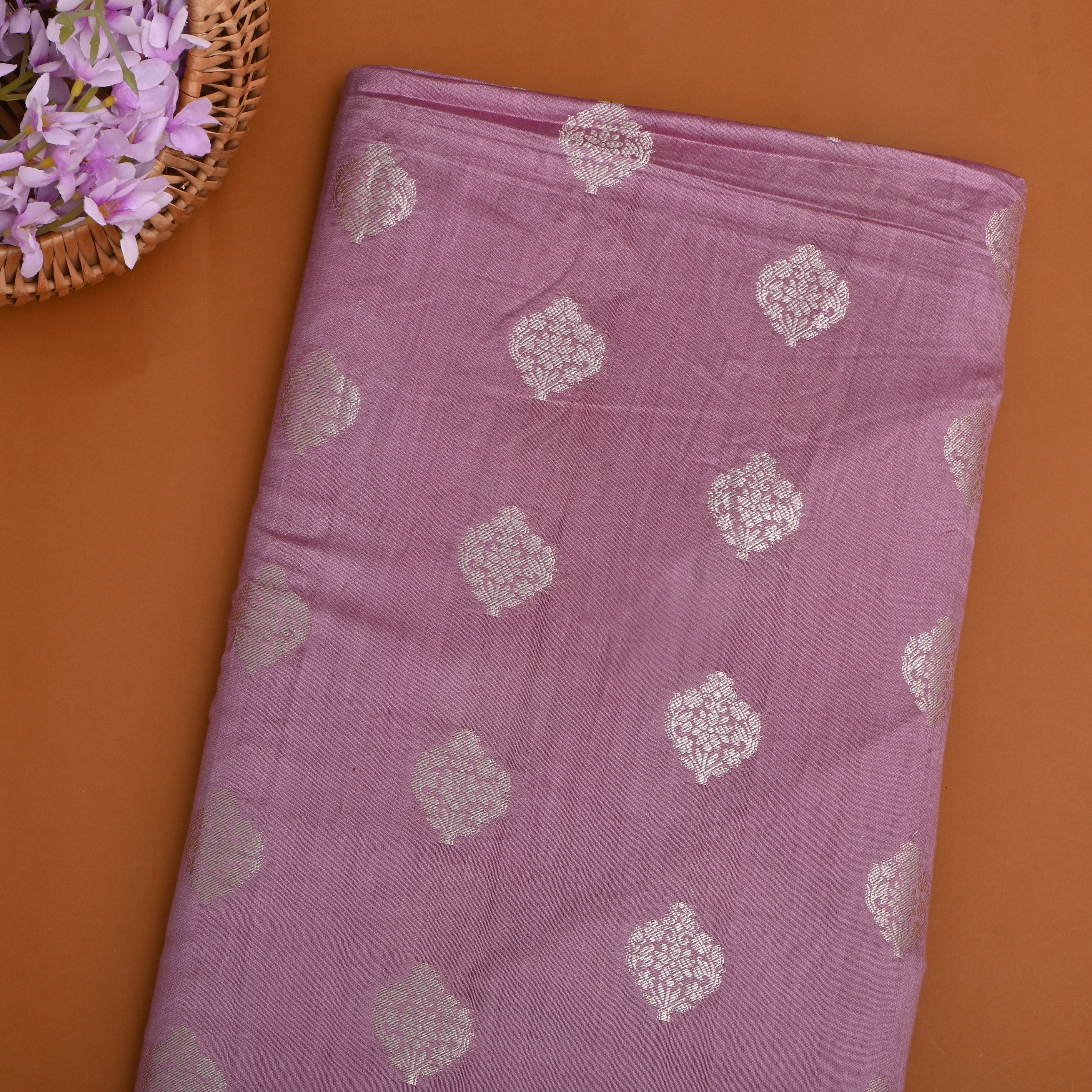 Pastel Dusty Pink Floral Silver Zari Silk Fabric