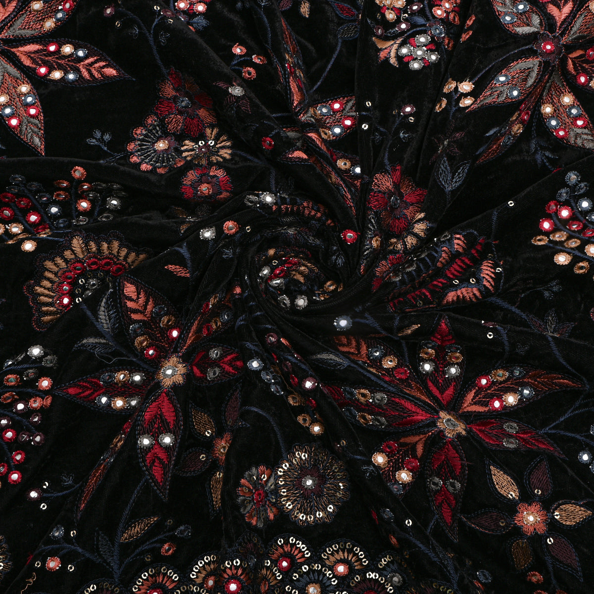 Black Multicolour Mirror Work Floral Velvet