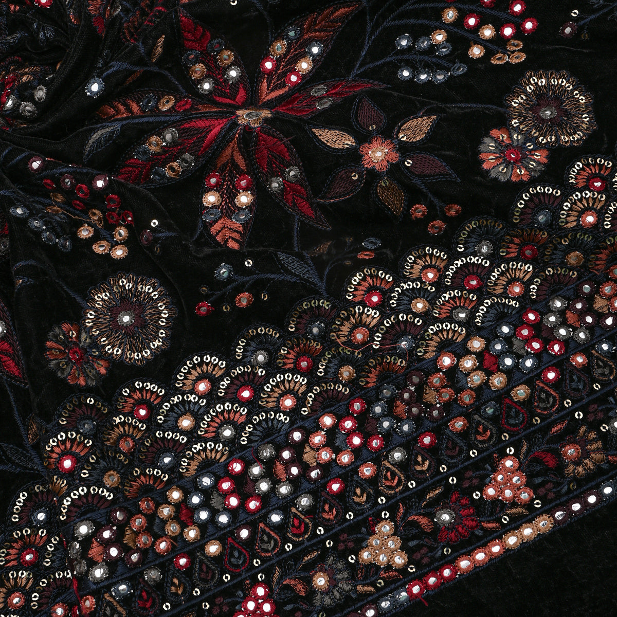 Black Multicolour Mirror Work Floral Velvet