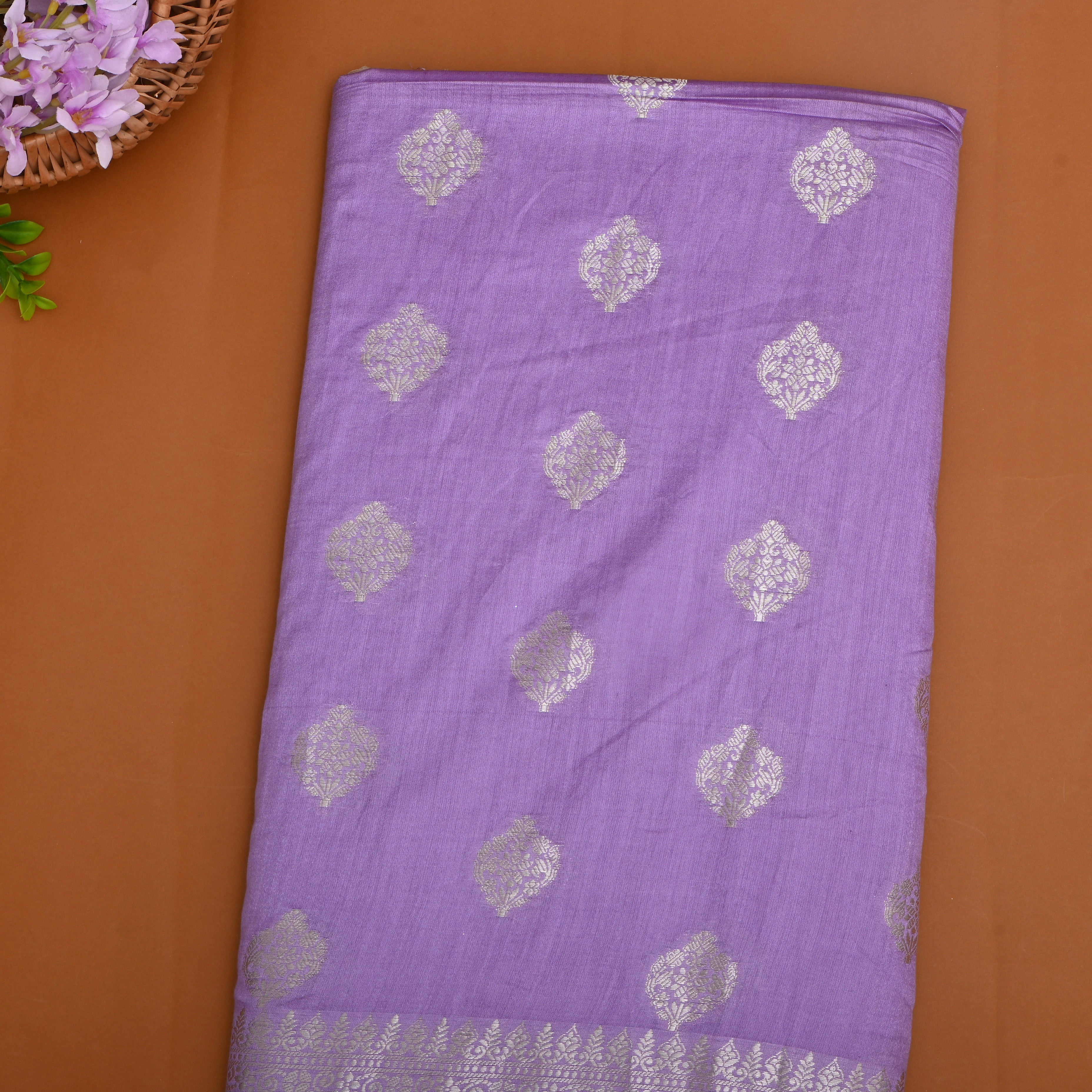 Lavender Floral Silver Zari Silk Fabric