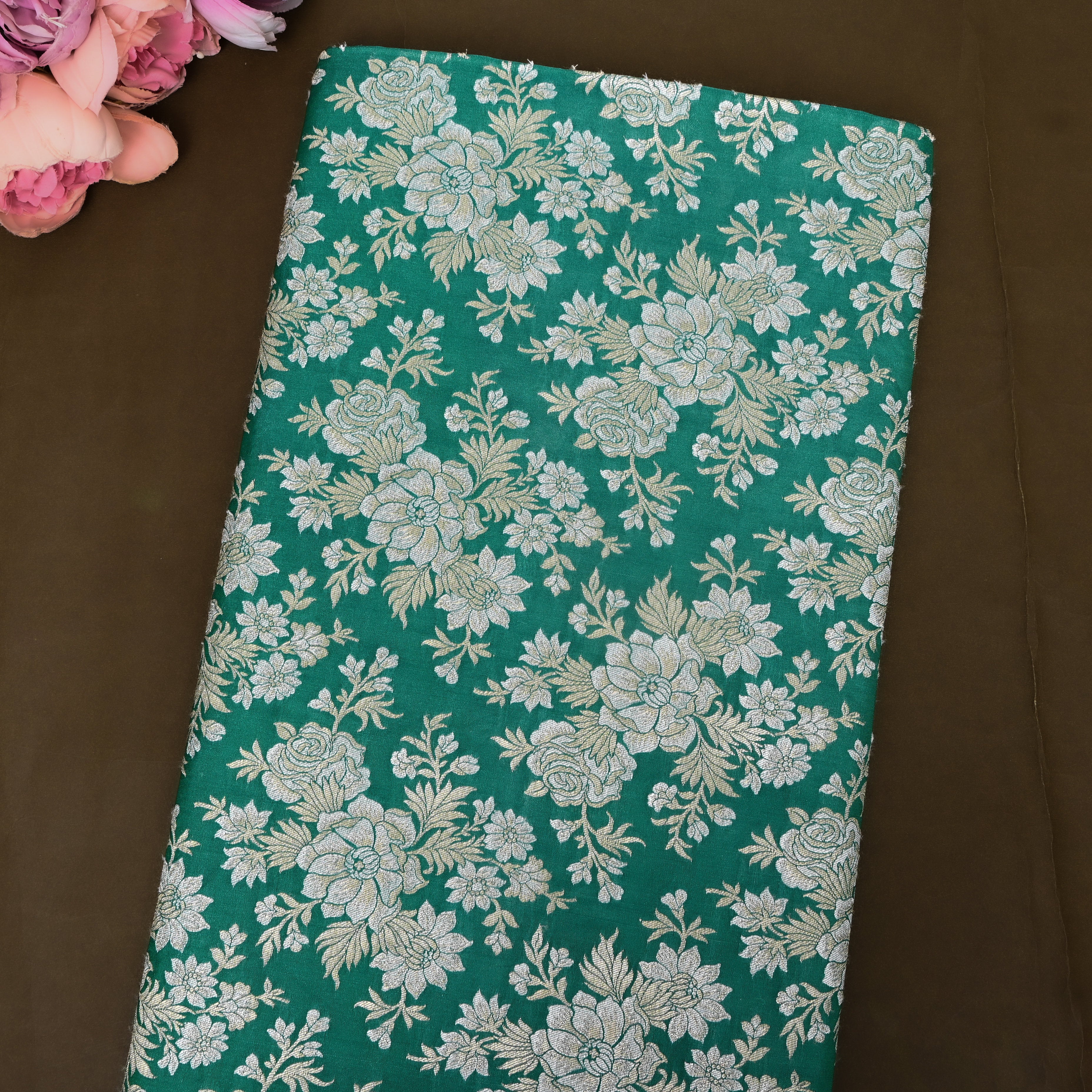 Teal Green Silver Rose Bloom Jamawar Silk