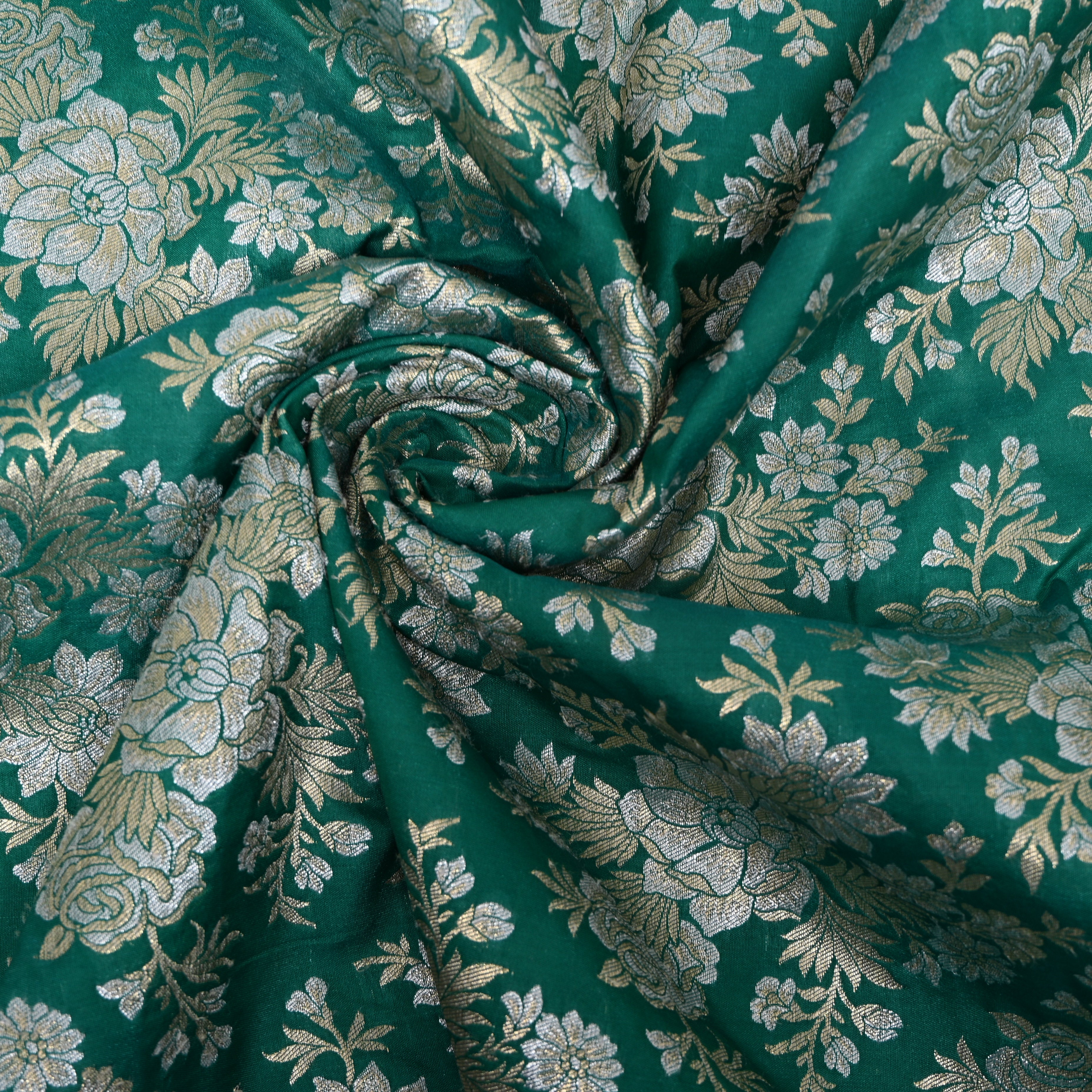 Teal Green Silver Rose Bloom Jamawar Silk