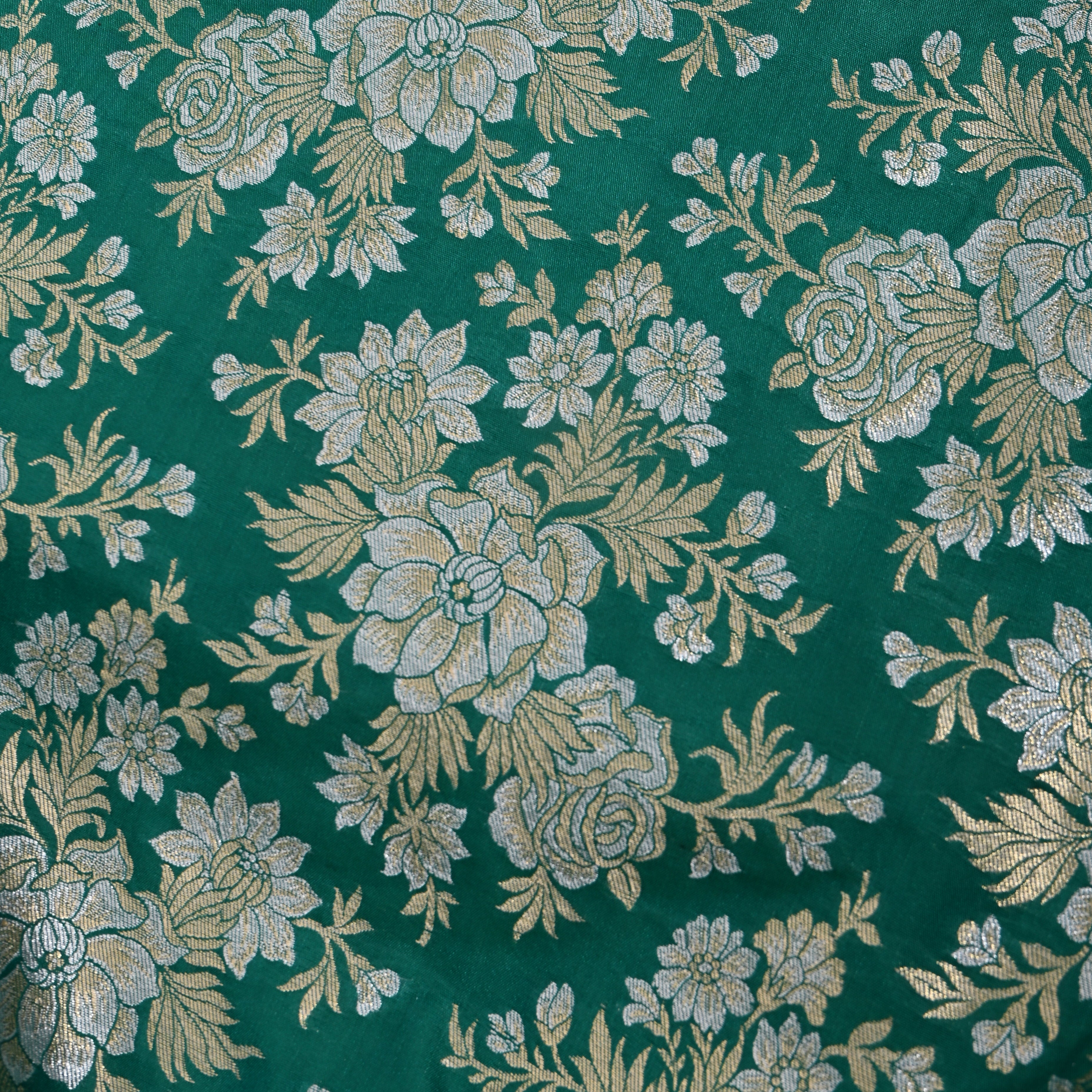 Teal Green Silver Rose Bloom Jamawar Silk