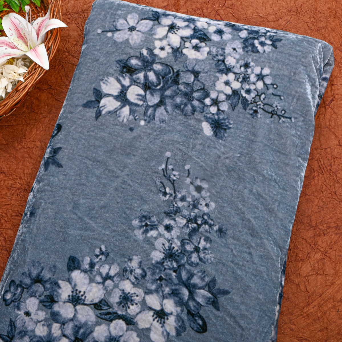 Soft Sky Blue Floral Velvet Fabric