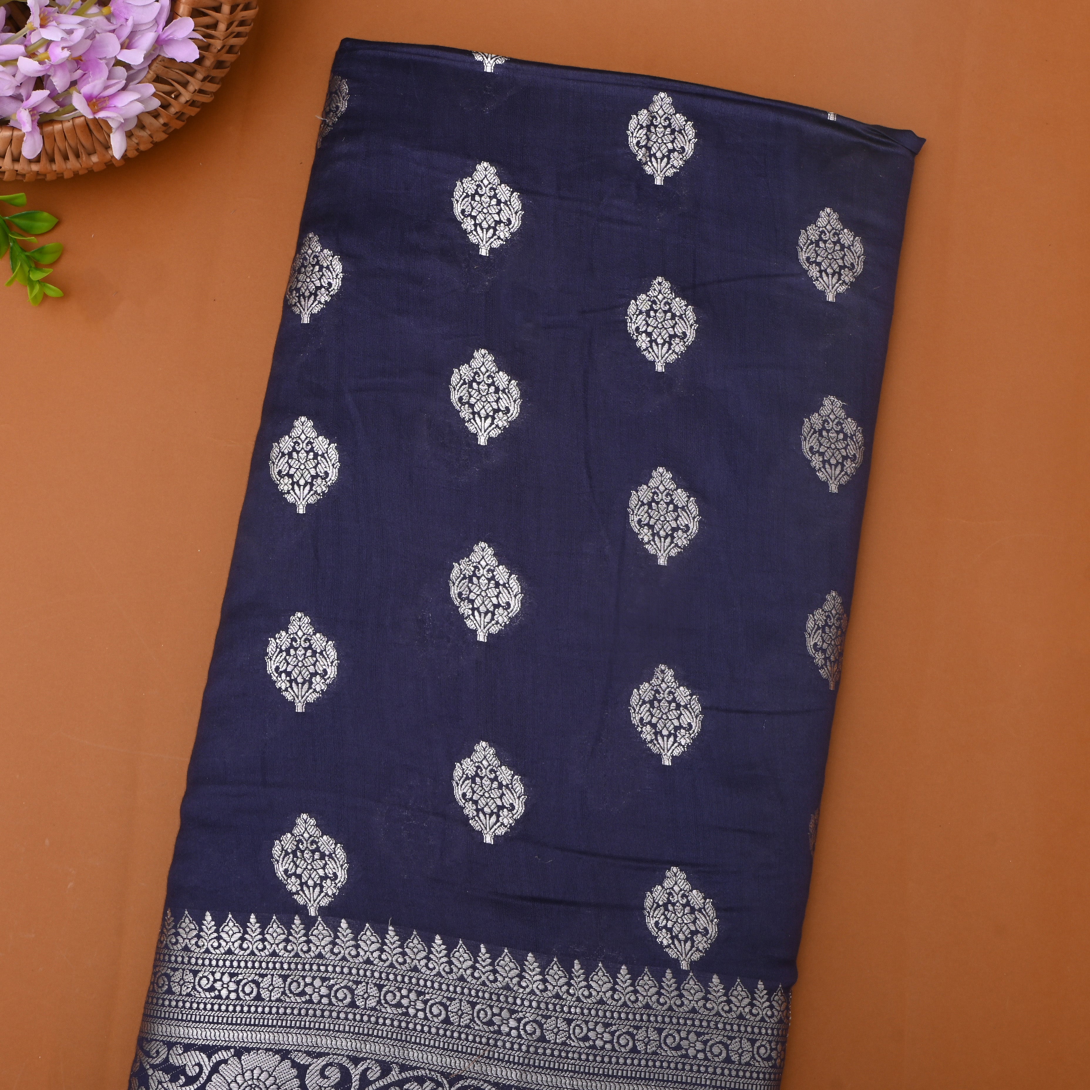Navy Blue Floral Silver Zari Silk Fabric
