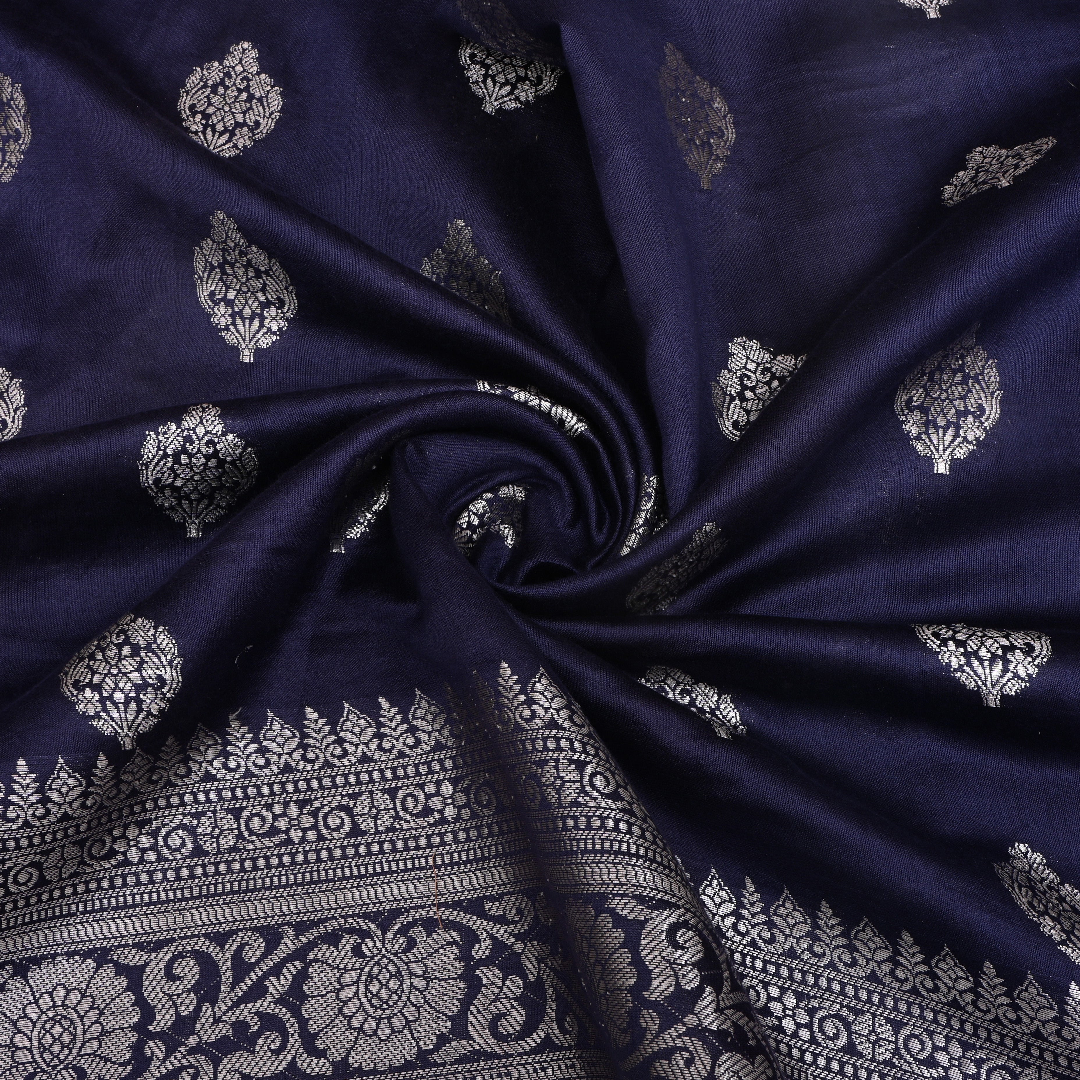 Navy Blue Floral Silver Zari Silk Fabric