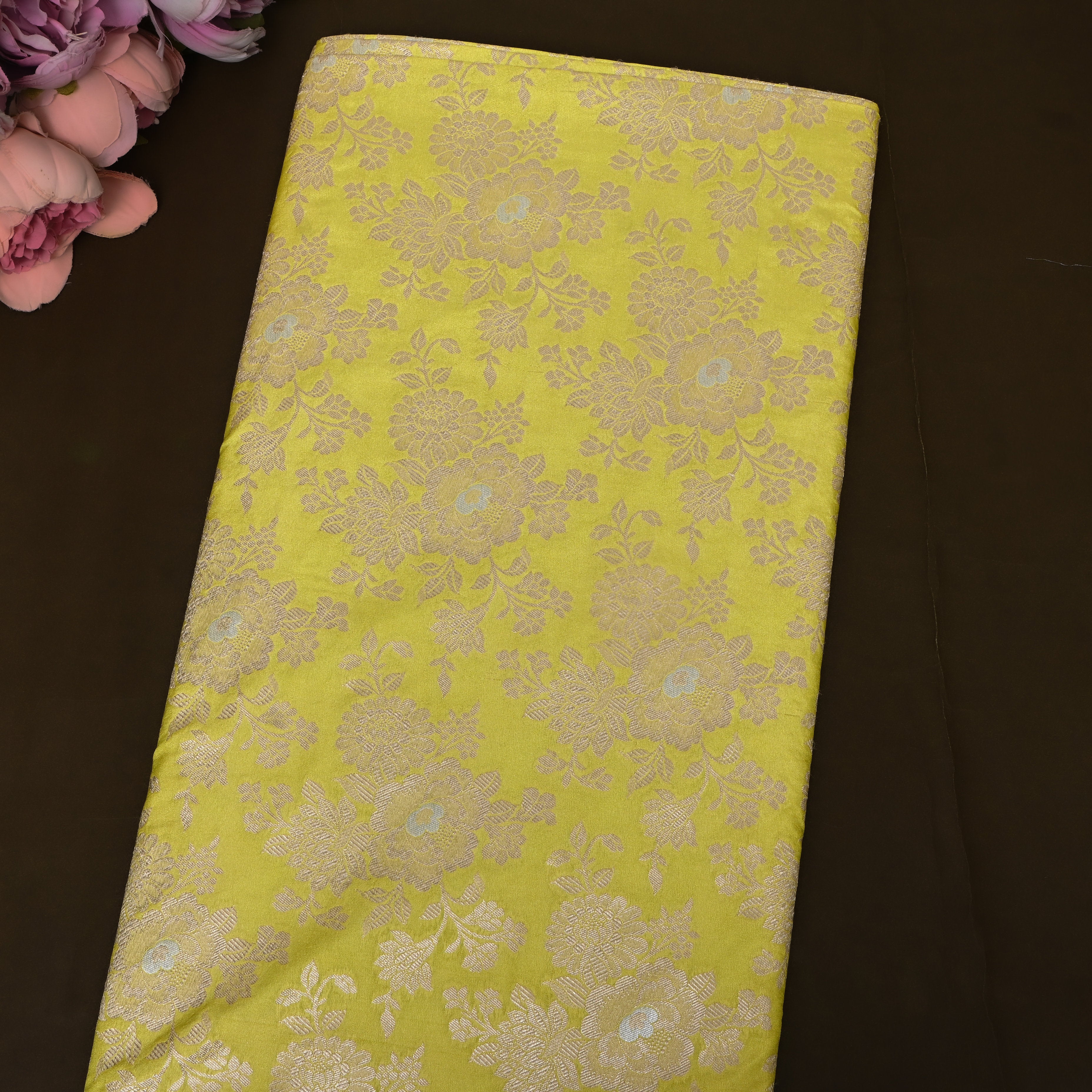 Chartreuse Green Golden Bloom Jamawar Silk