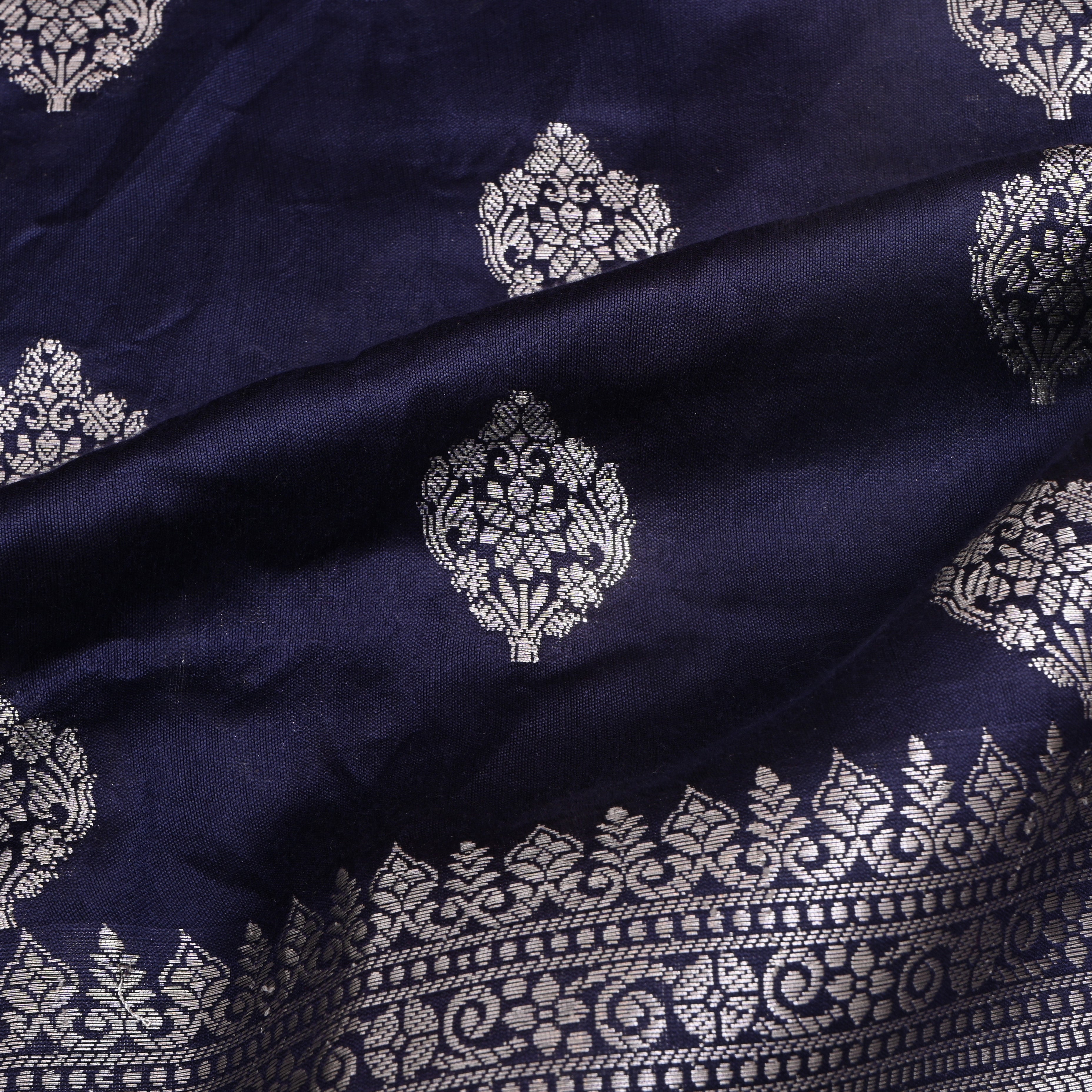 Navy Blue Floral Silver Zari Silk Fabric
