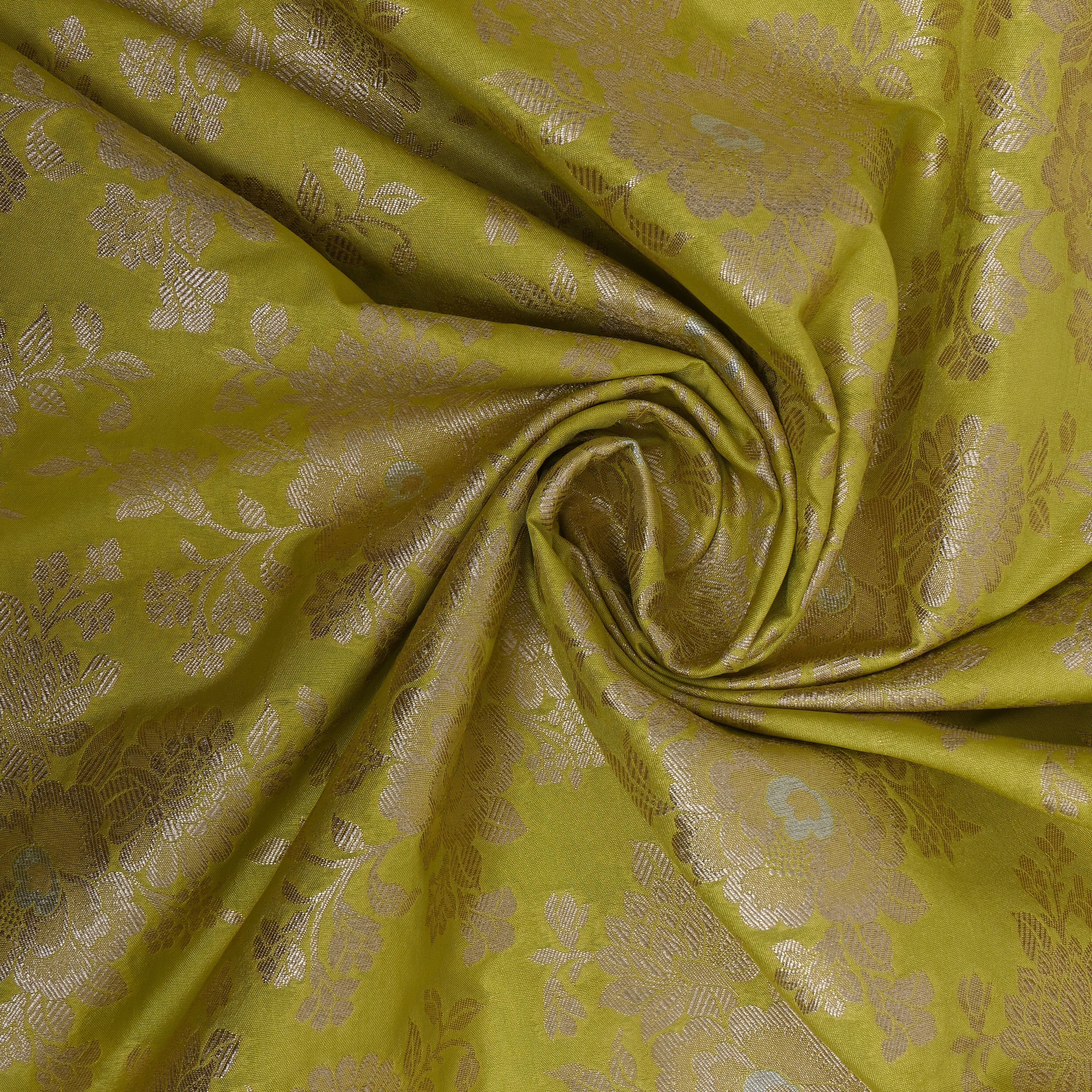Chartreuse Green Golden Bloom Jamawar Silk