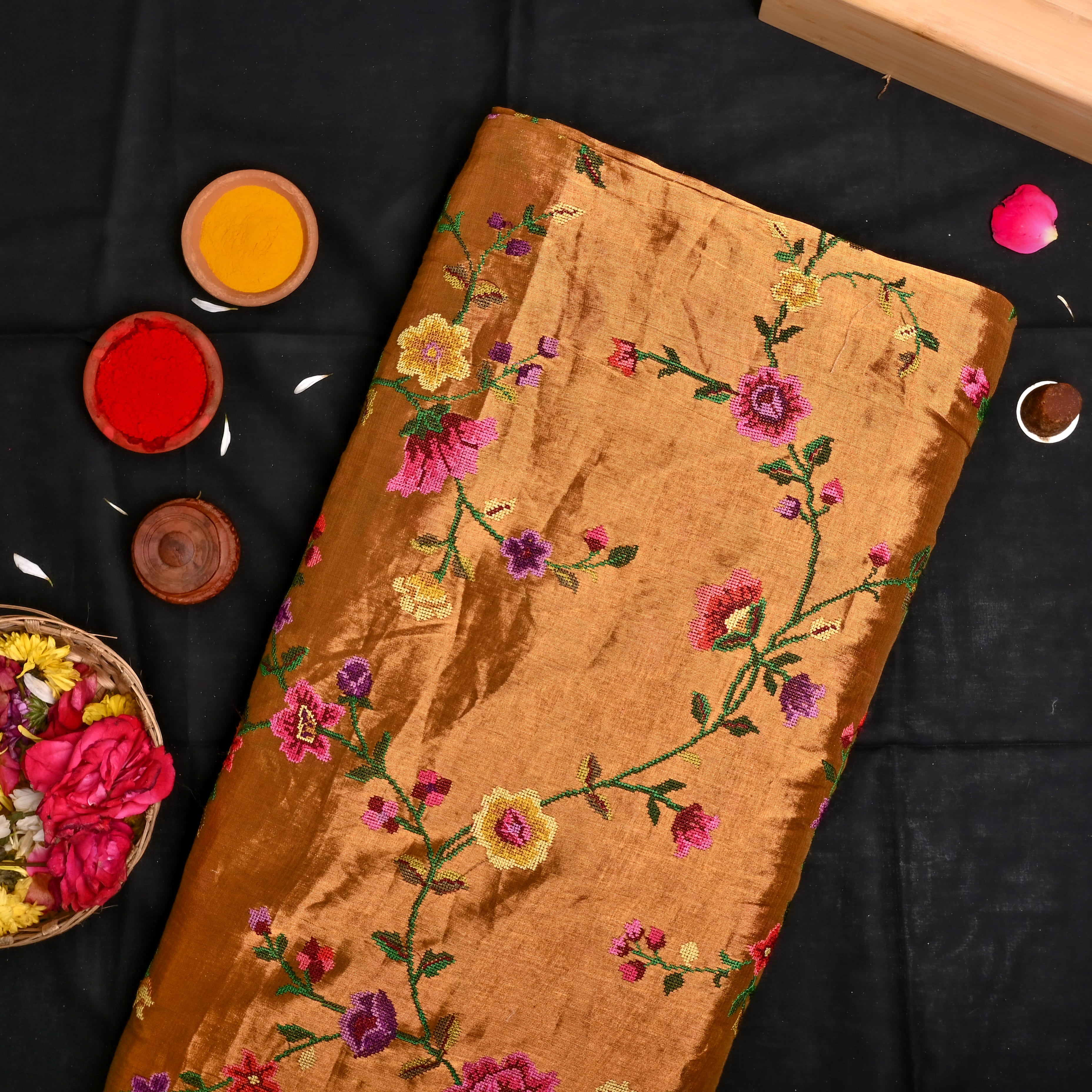 Gold Tissue Fabric With Petit Point Embroidery