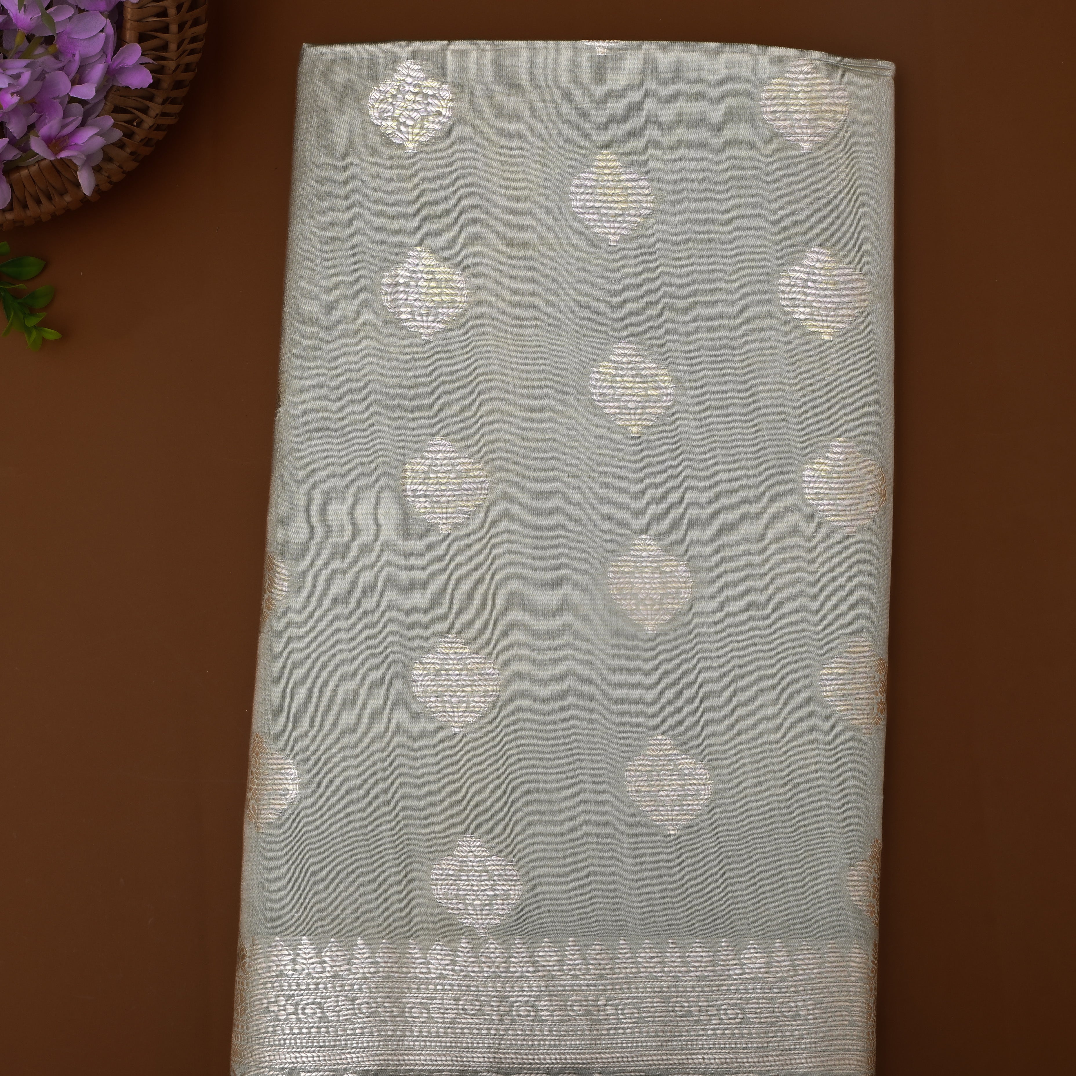 Grey Floral Silver Zari Silk Fabric