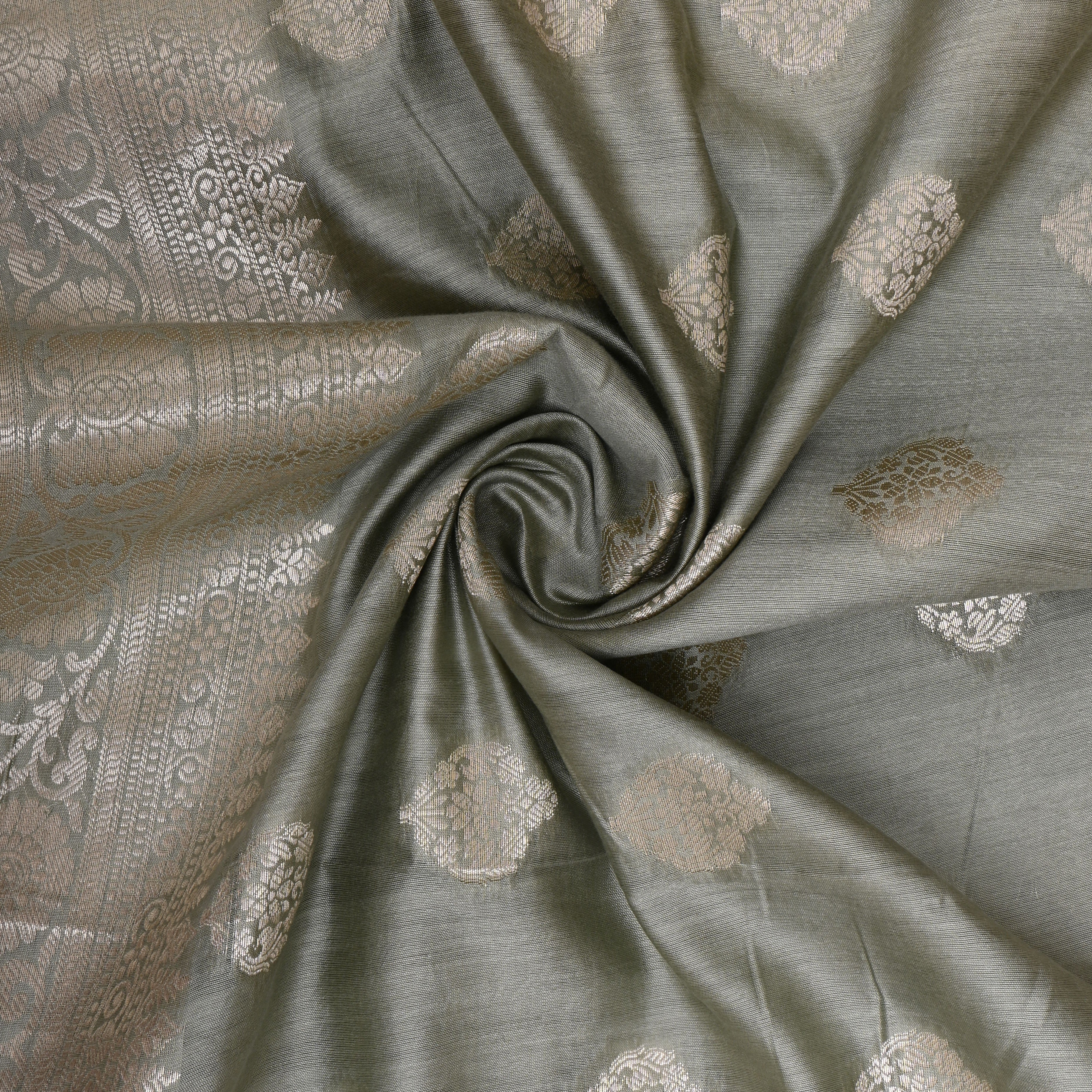 Grey Floral Silver Zari Silk Fabric