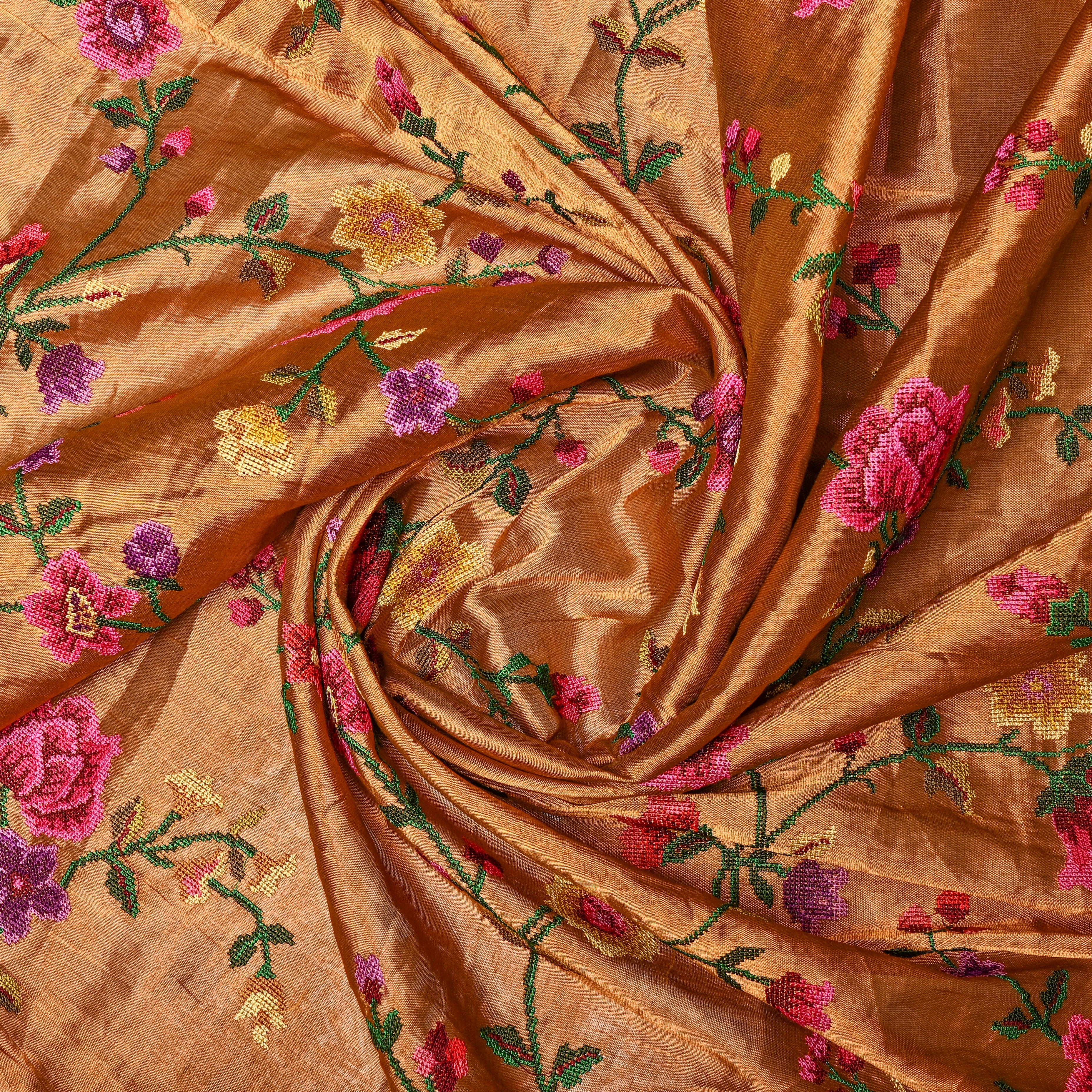 Gold Tissue Fabric With Petit Point Embroidery