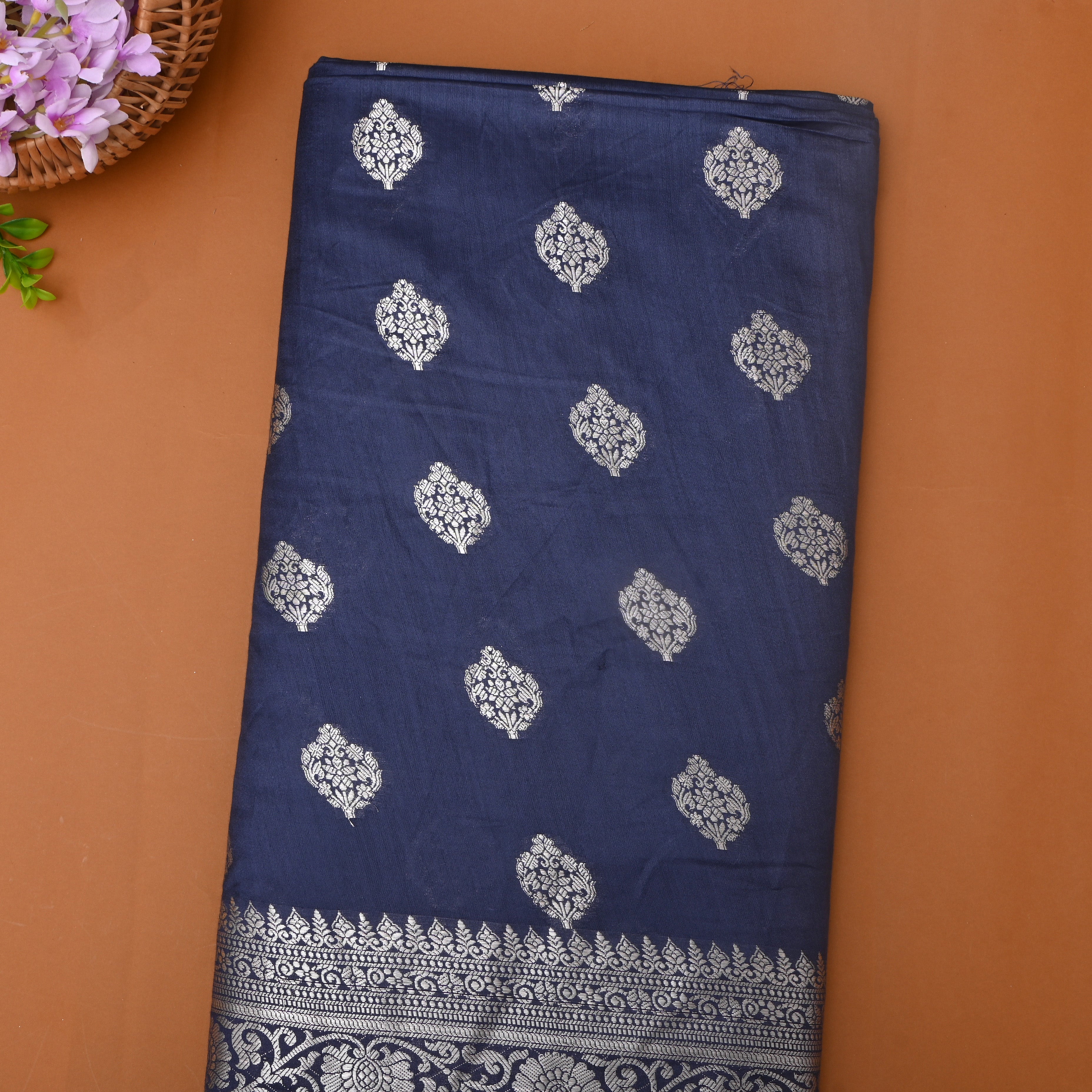 Navy Blue Zari Floral Silk Fabric