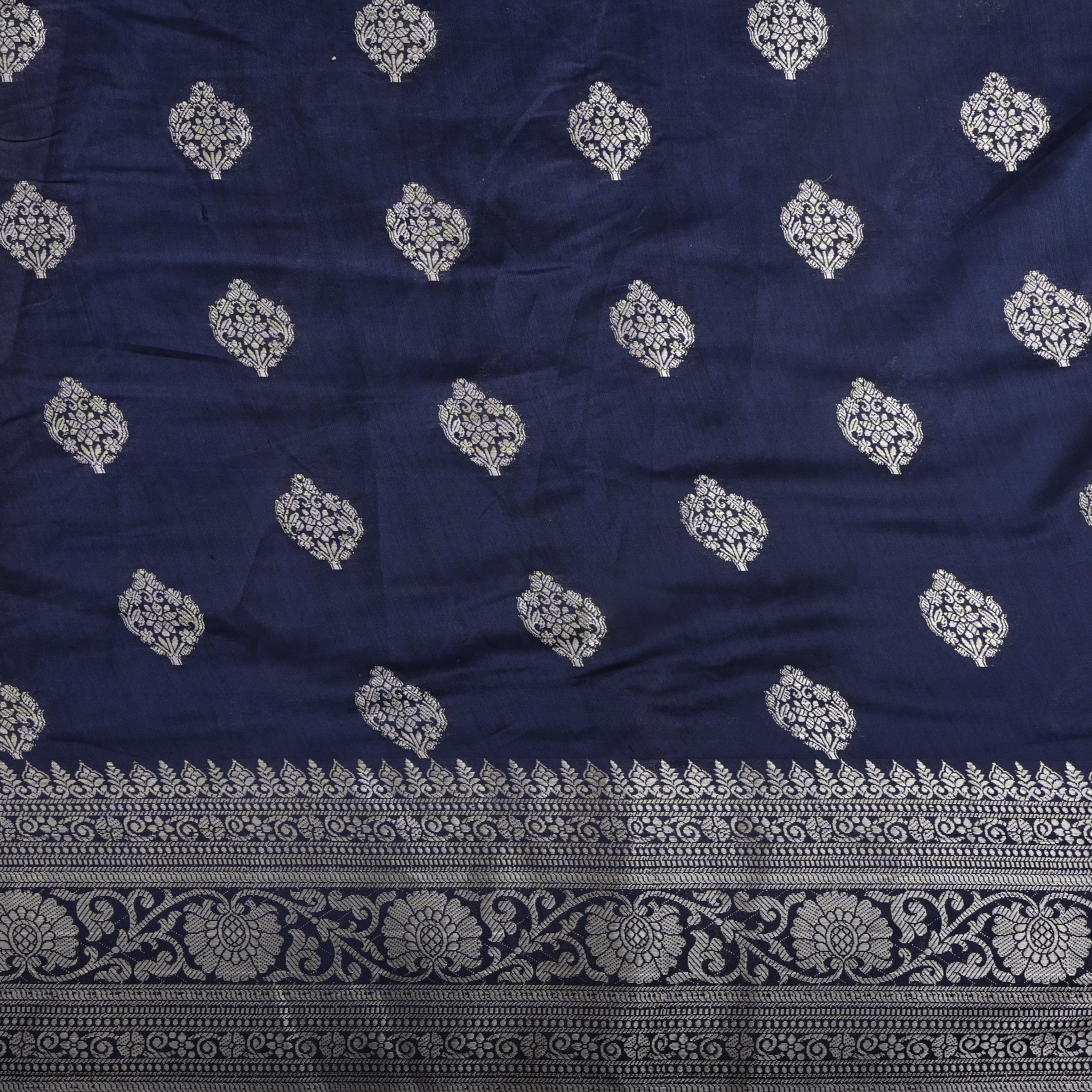 Navy Blue Zari Floral Silk Fabric
