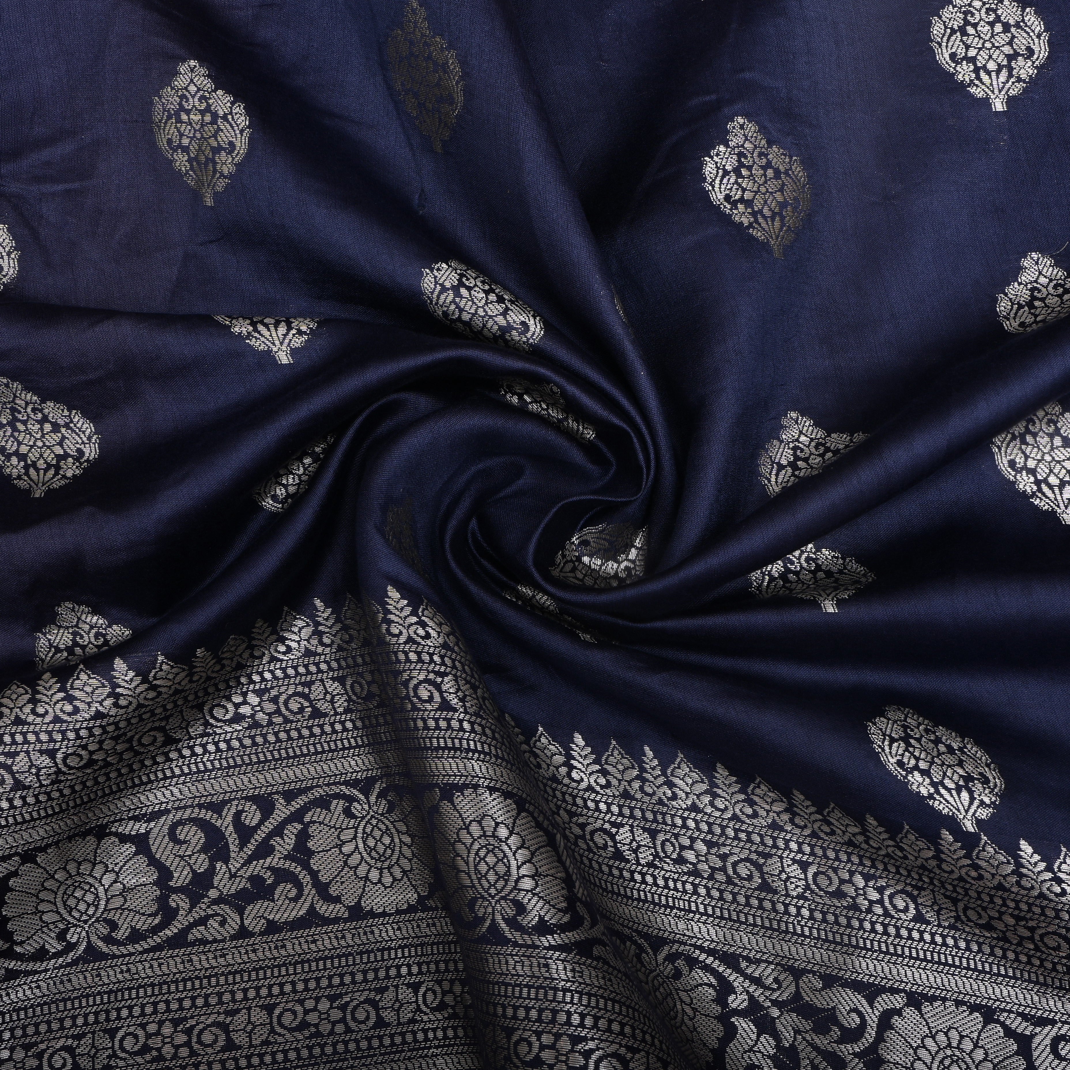 Navy Blue Zari Floral Silk Fabric
