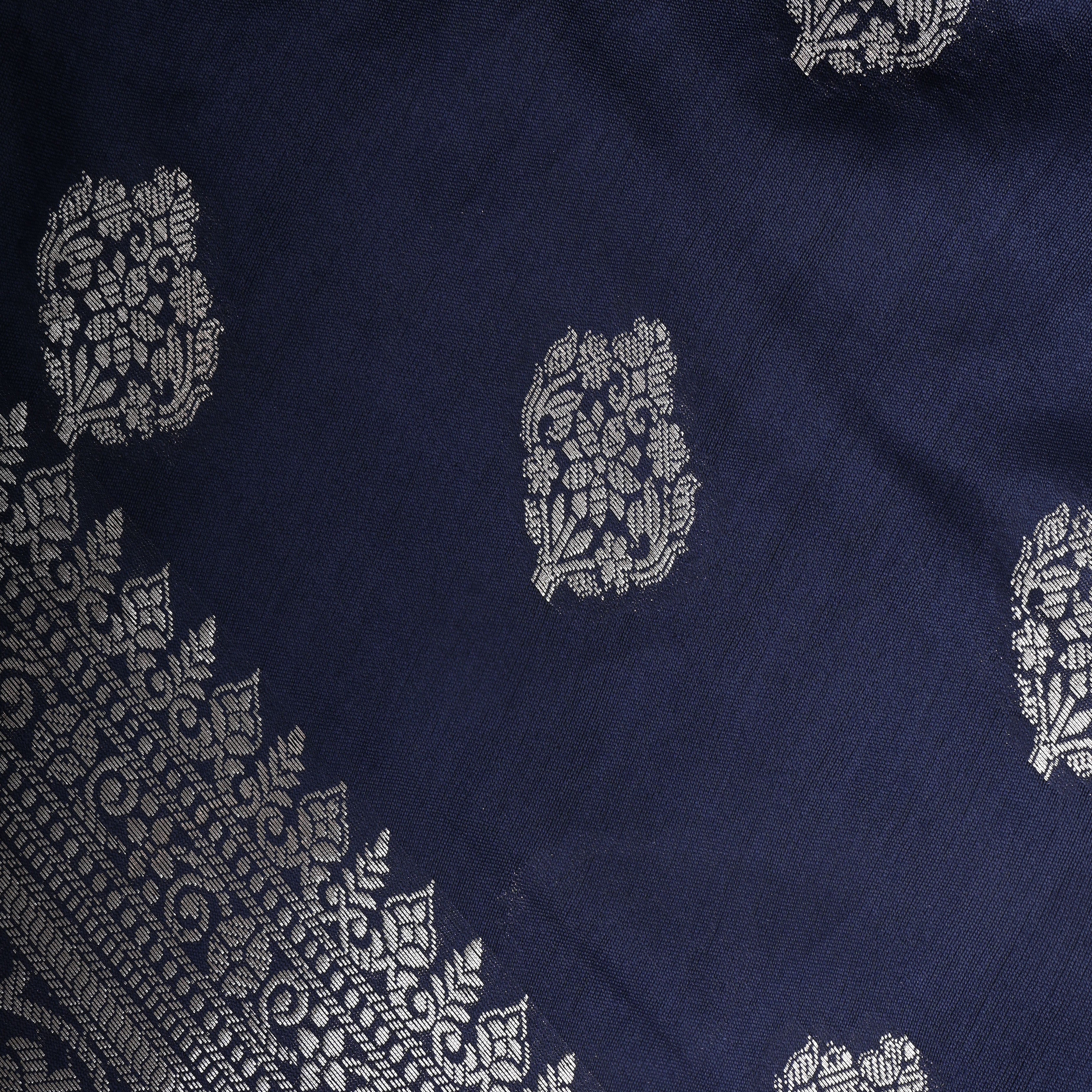 Navy Blue Zari Floral Silk Fabric