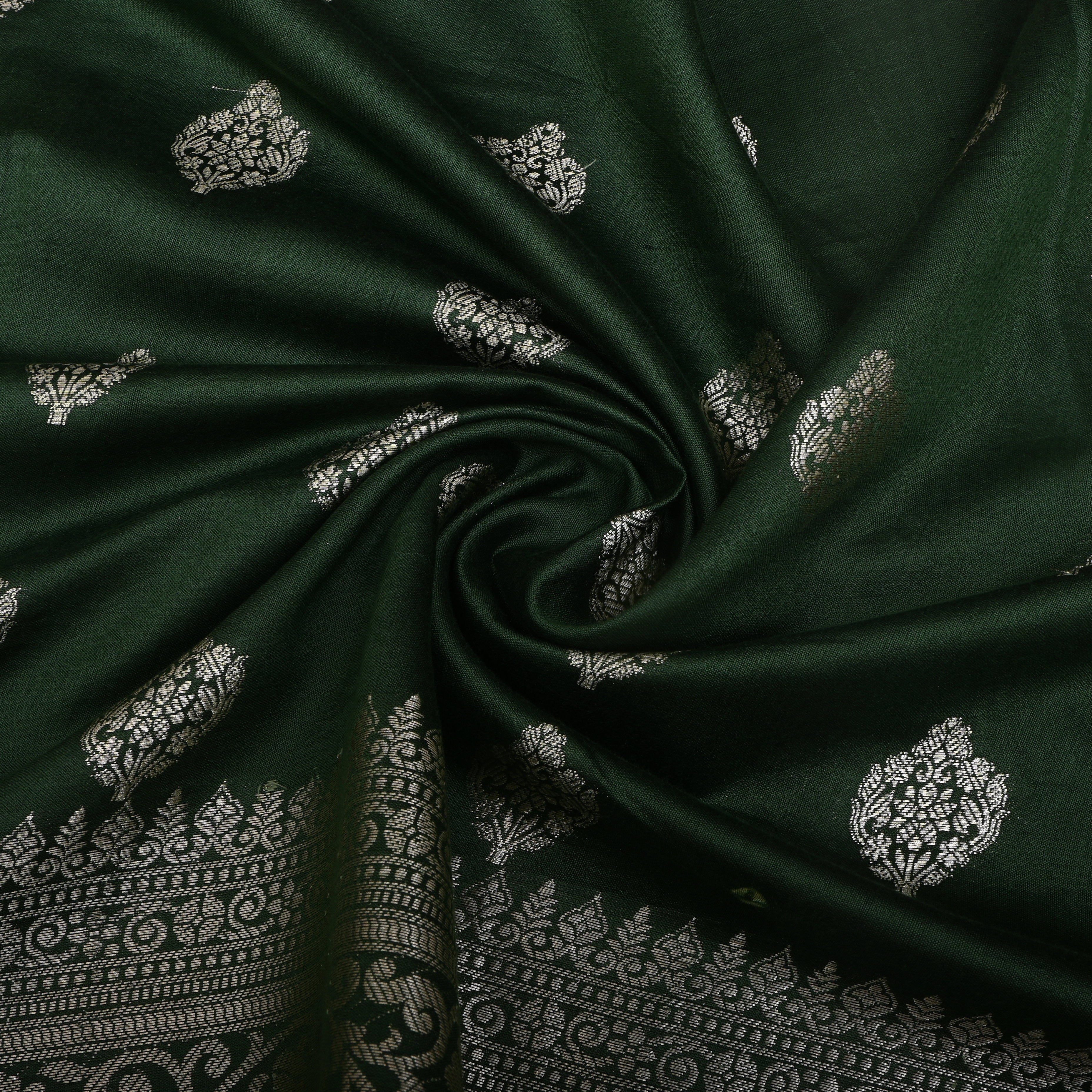 Bottle Green Floral Silver Zari Silk Fabric