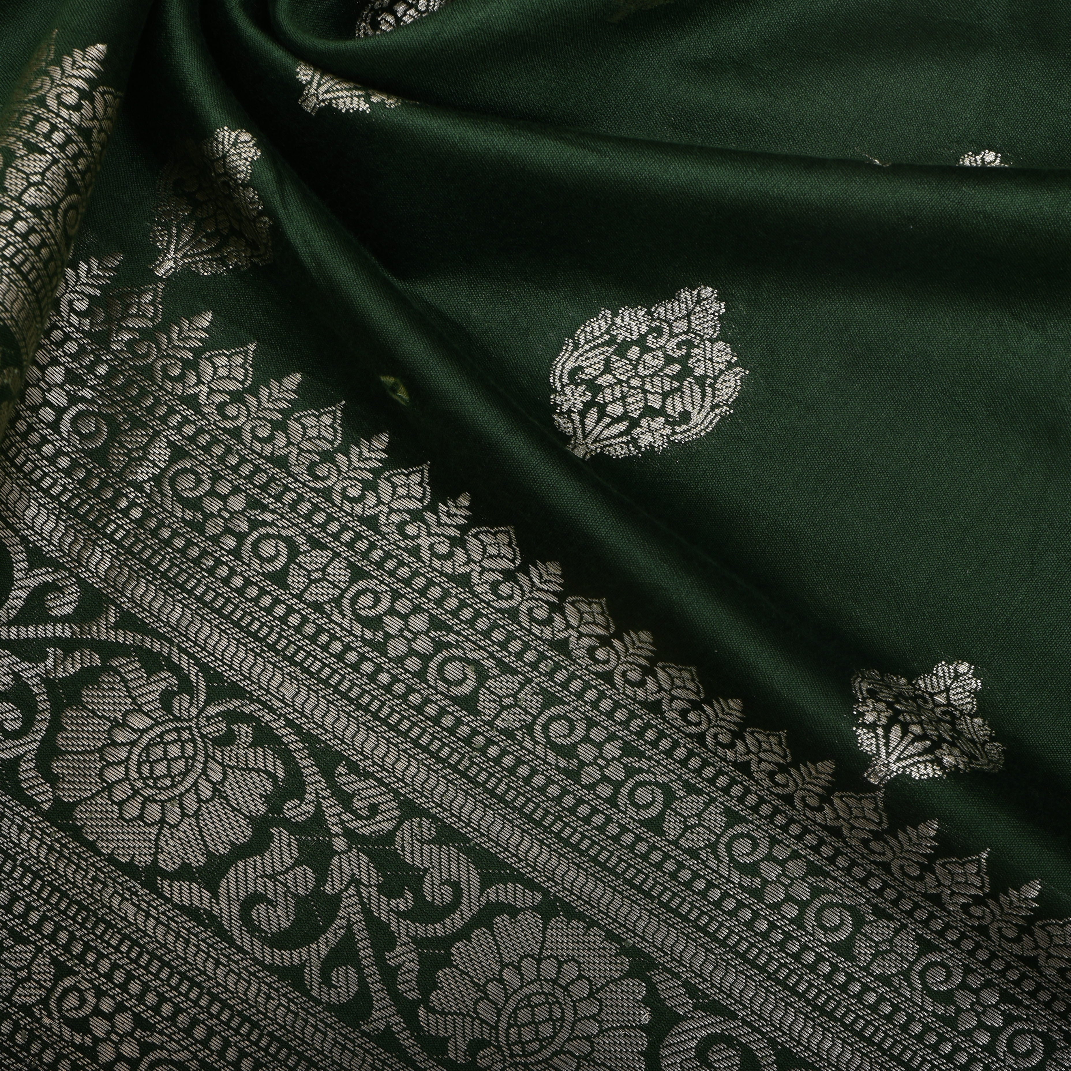 Bottle Green Floral Silver Zari Silk Fabric