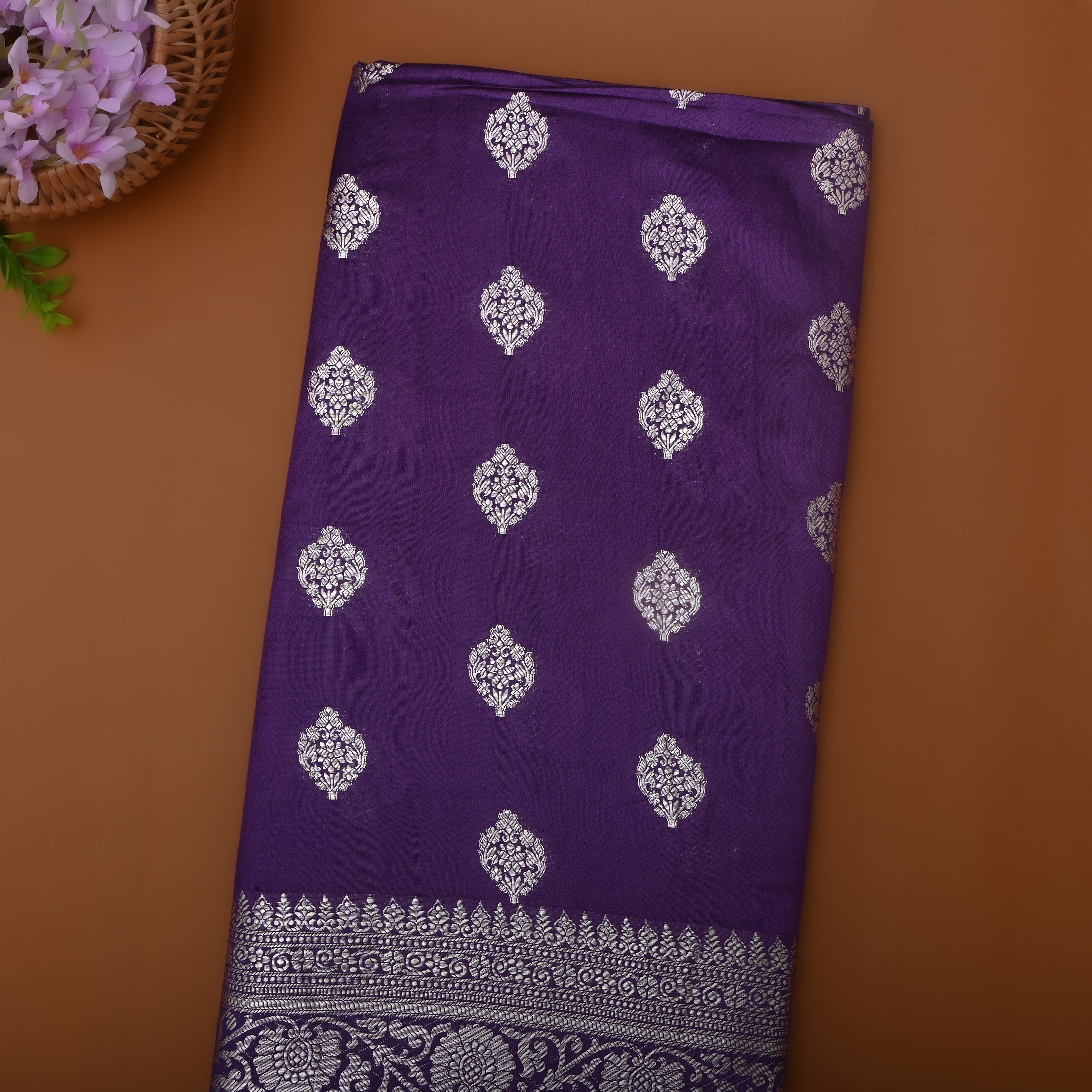 Dark Purple Zari Floral Silk Fabric