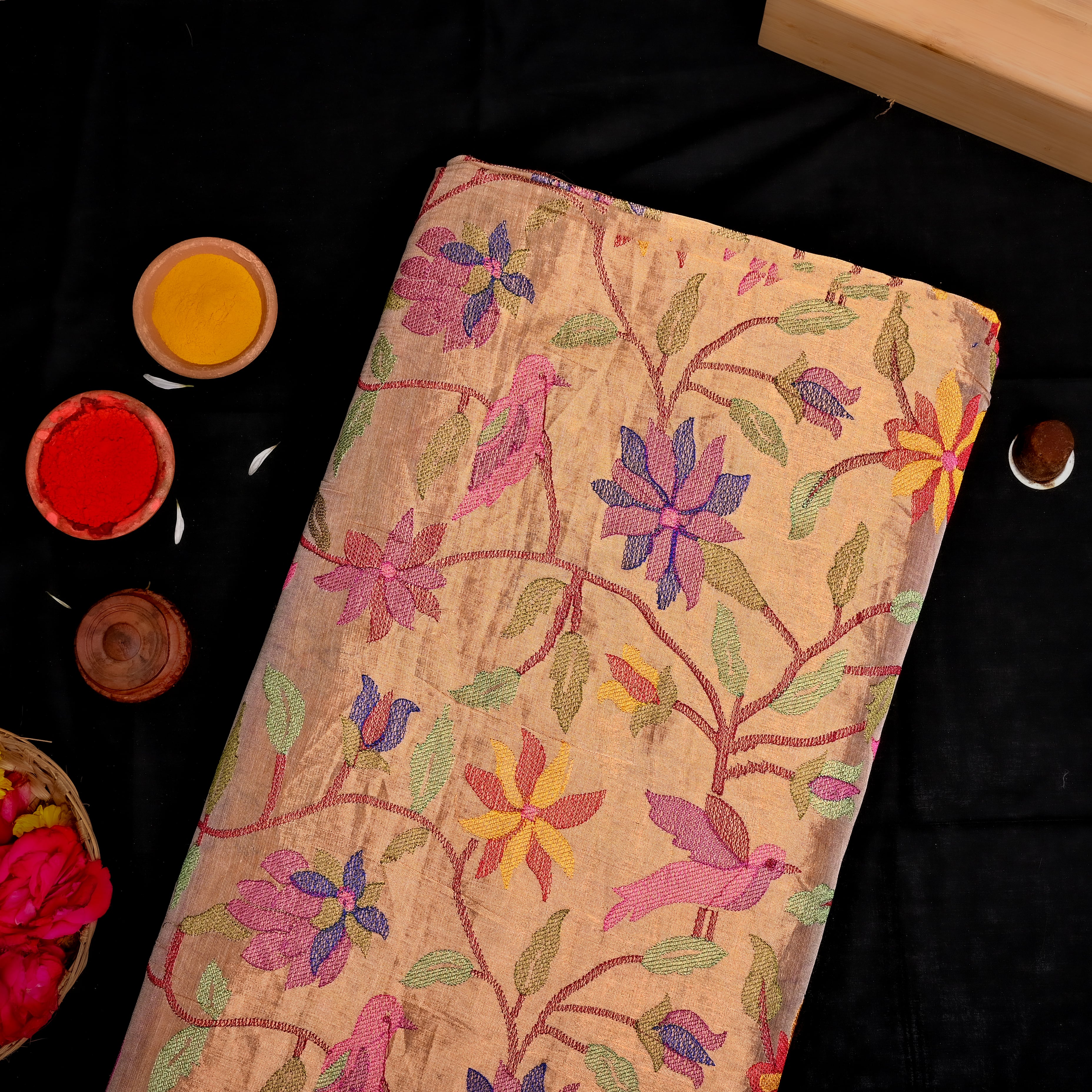 Dull Gold Kanjivaram Tissue Fabric With Paithani Embroidery