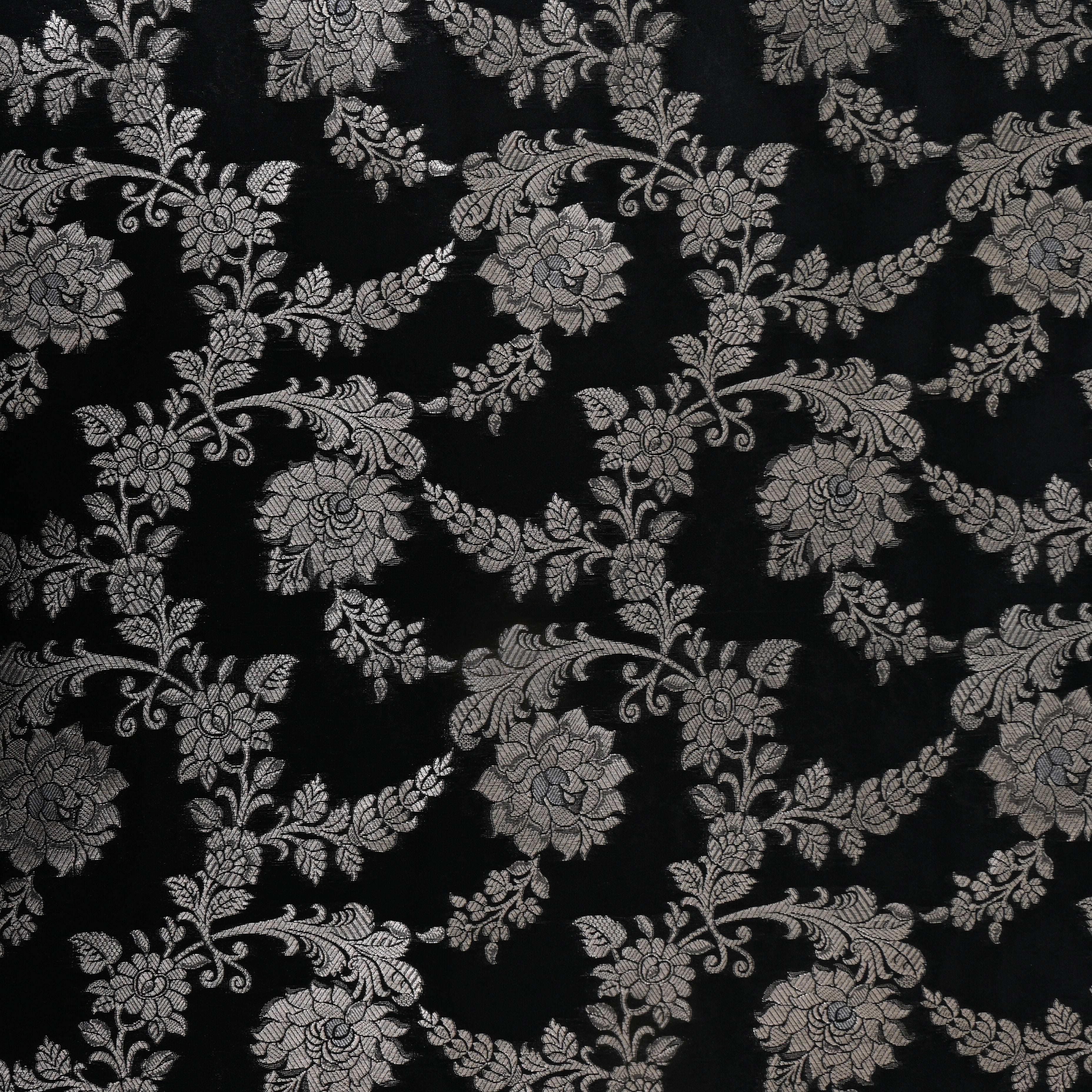 Jet Black Silver Floral Parsi Jamawar Fabric