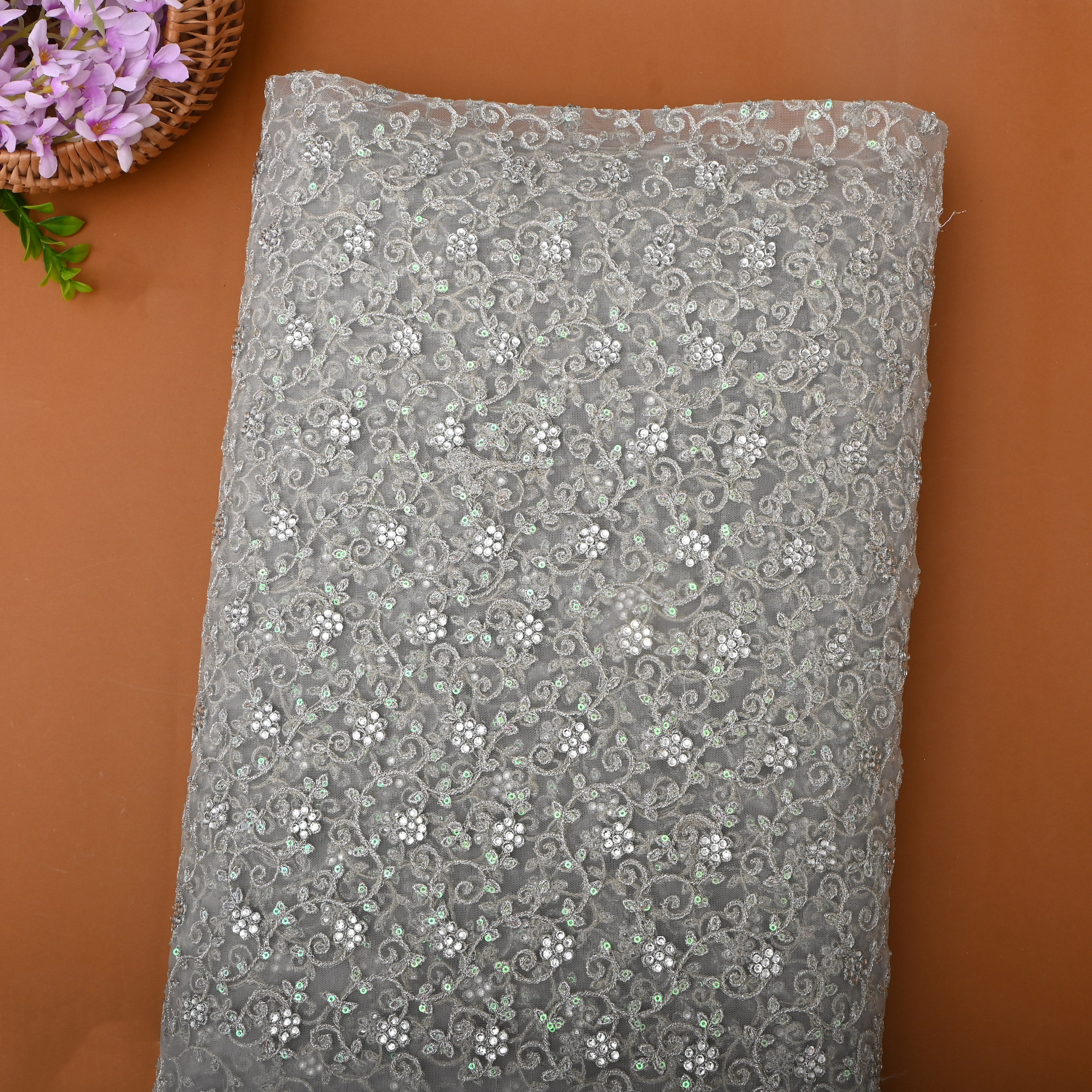 Grey Silver Zari Embroidered Floral Net Fabric