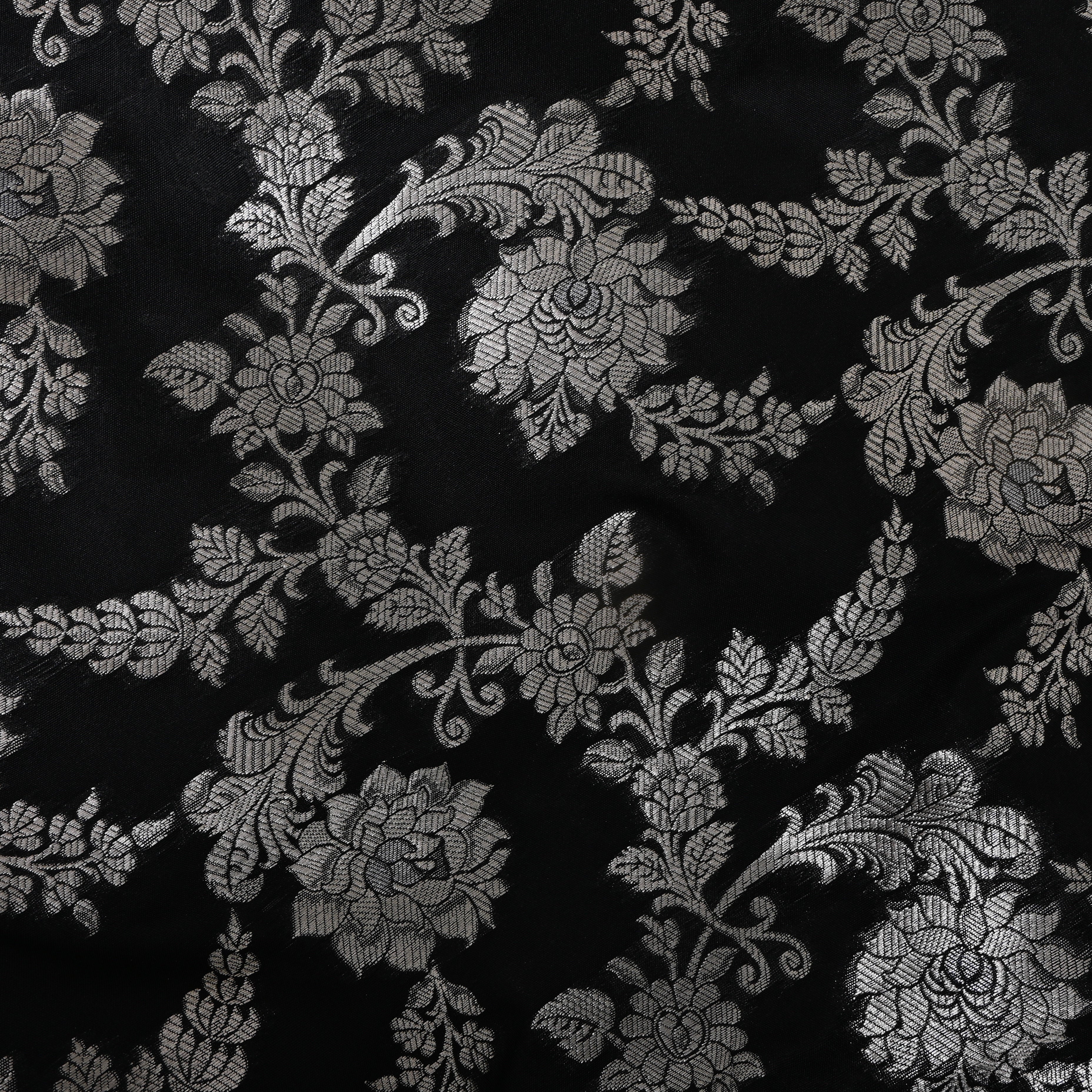 Jet Black Silver Floral Parsi Jamawar Fabric
