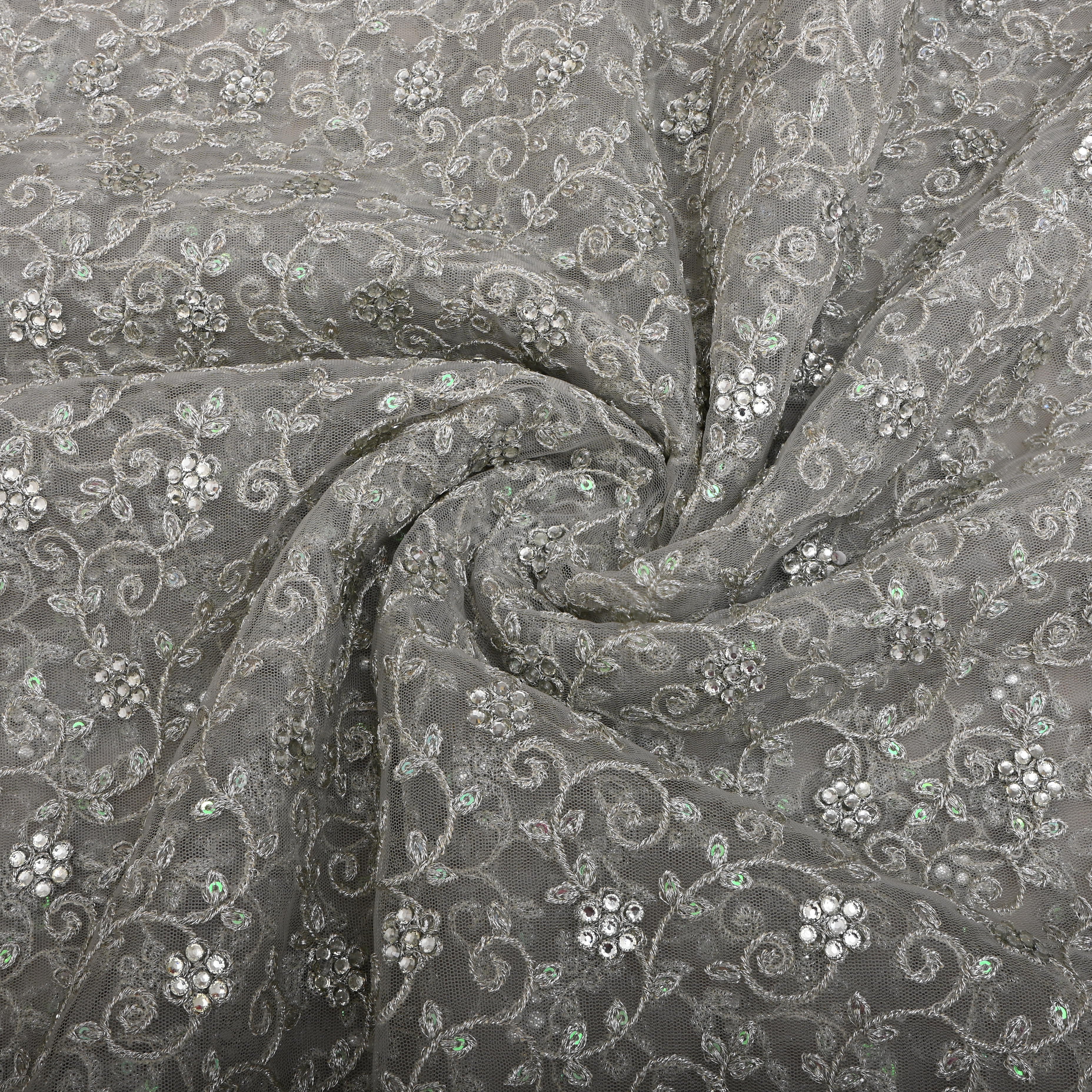 Grey Silver Zari Embroidered Floral Net Fabric