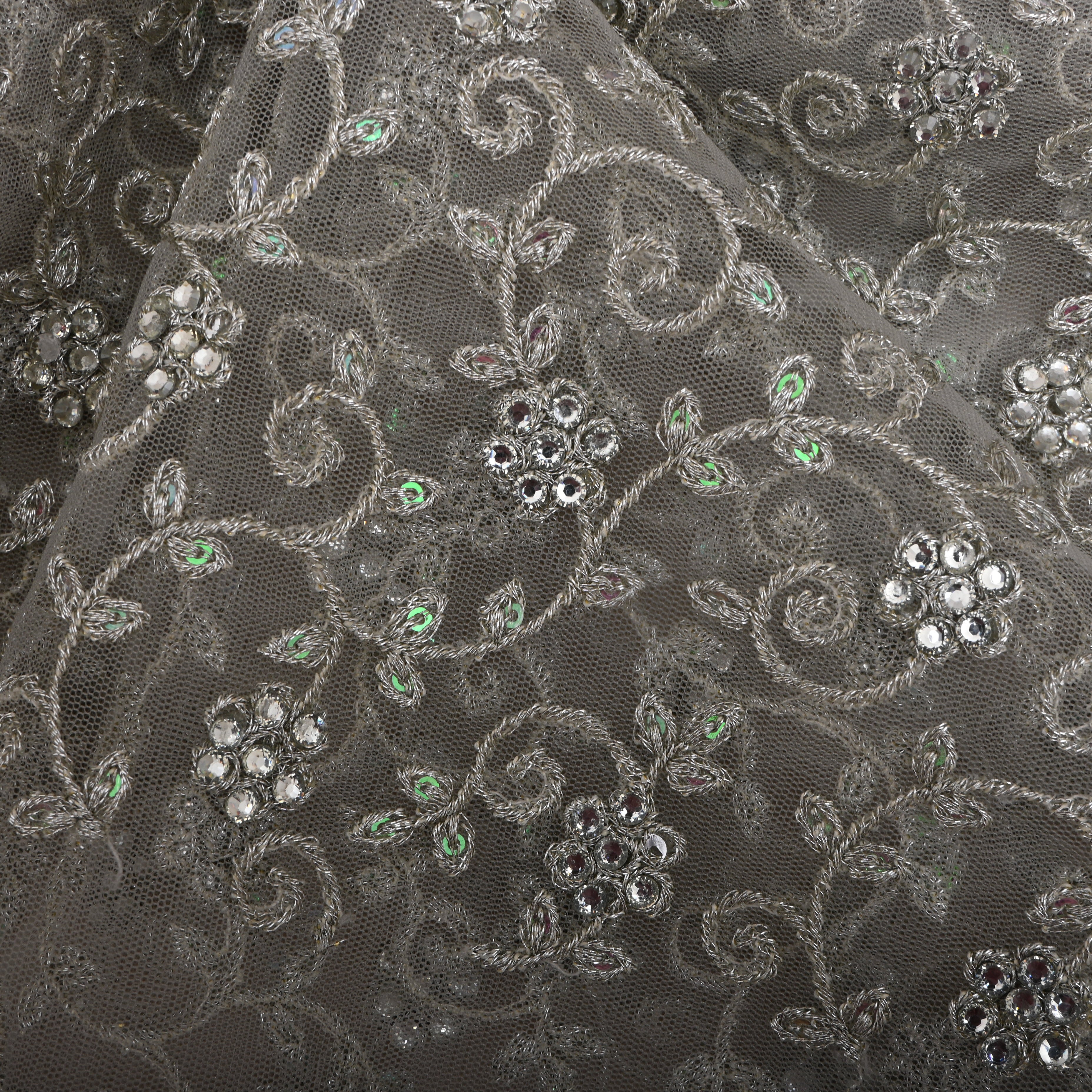 Grey Silver Zari Embroidered Floral Net Fabric