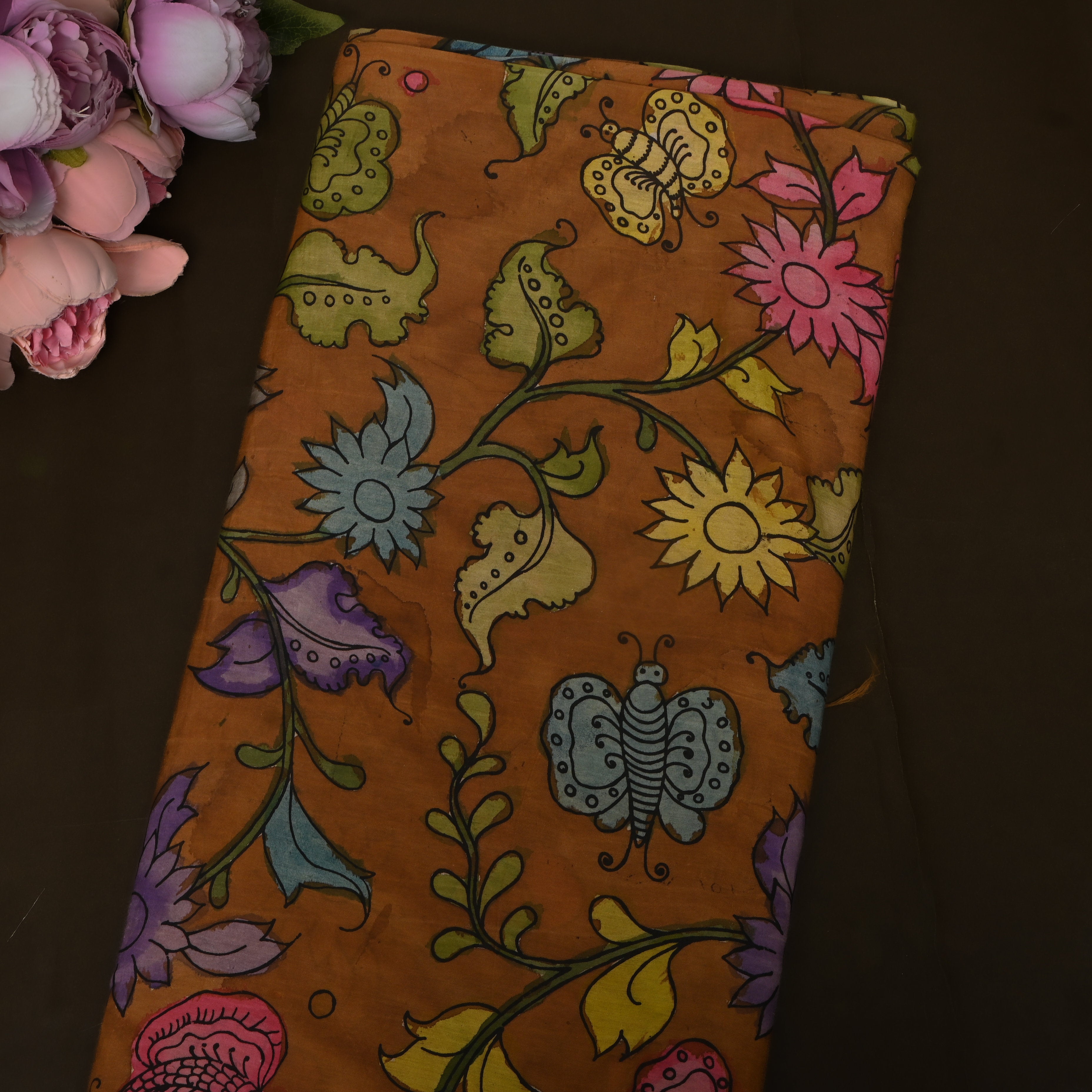 Rust Yellow Kalamkari Floral Butterfly Dupion Silk