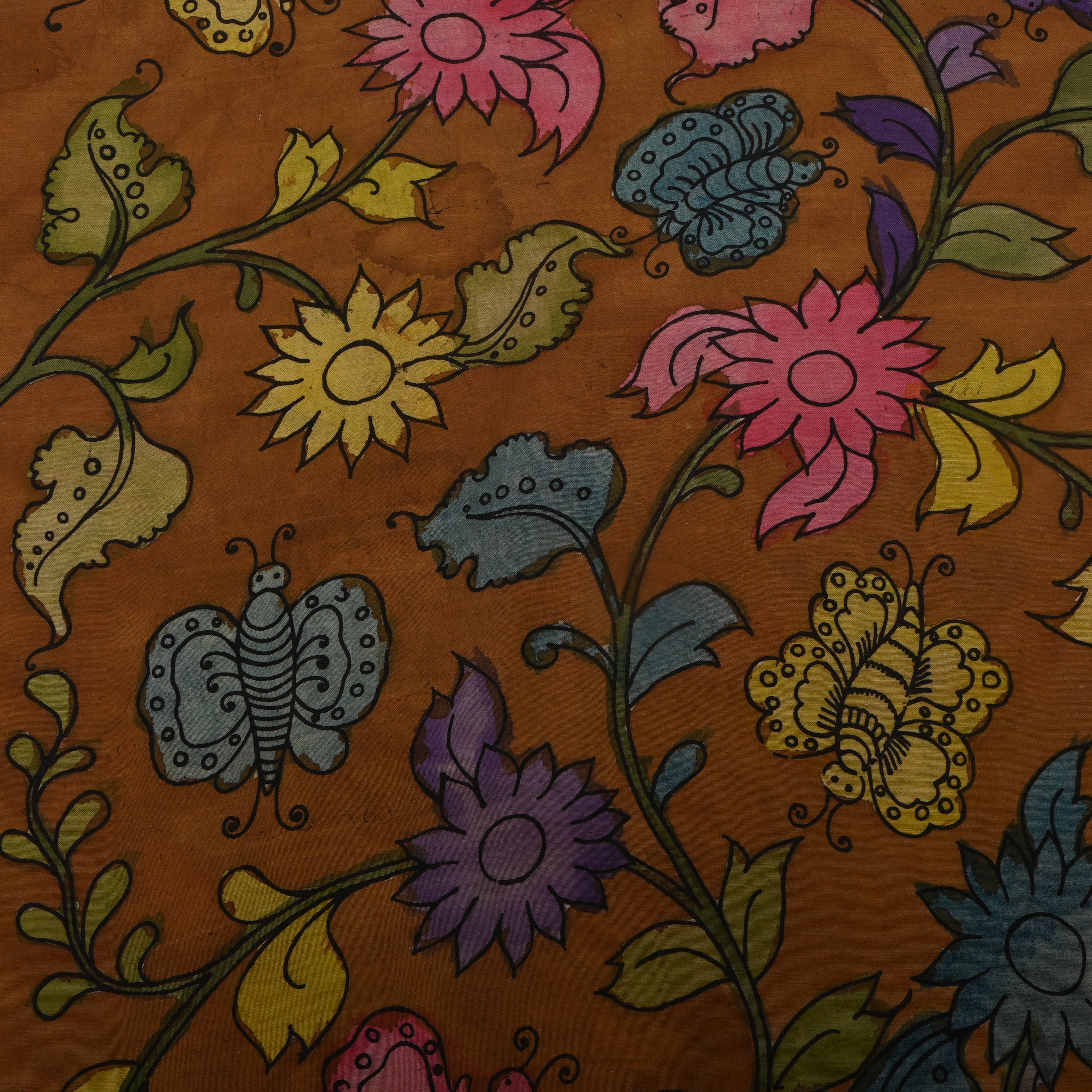 Rust Yellow Kalamkari Floral Butterfly Dupion Silk