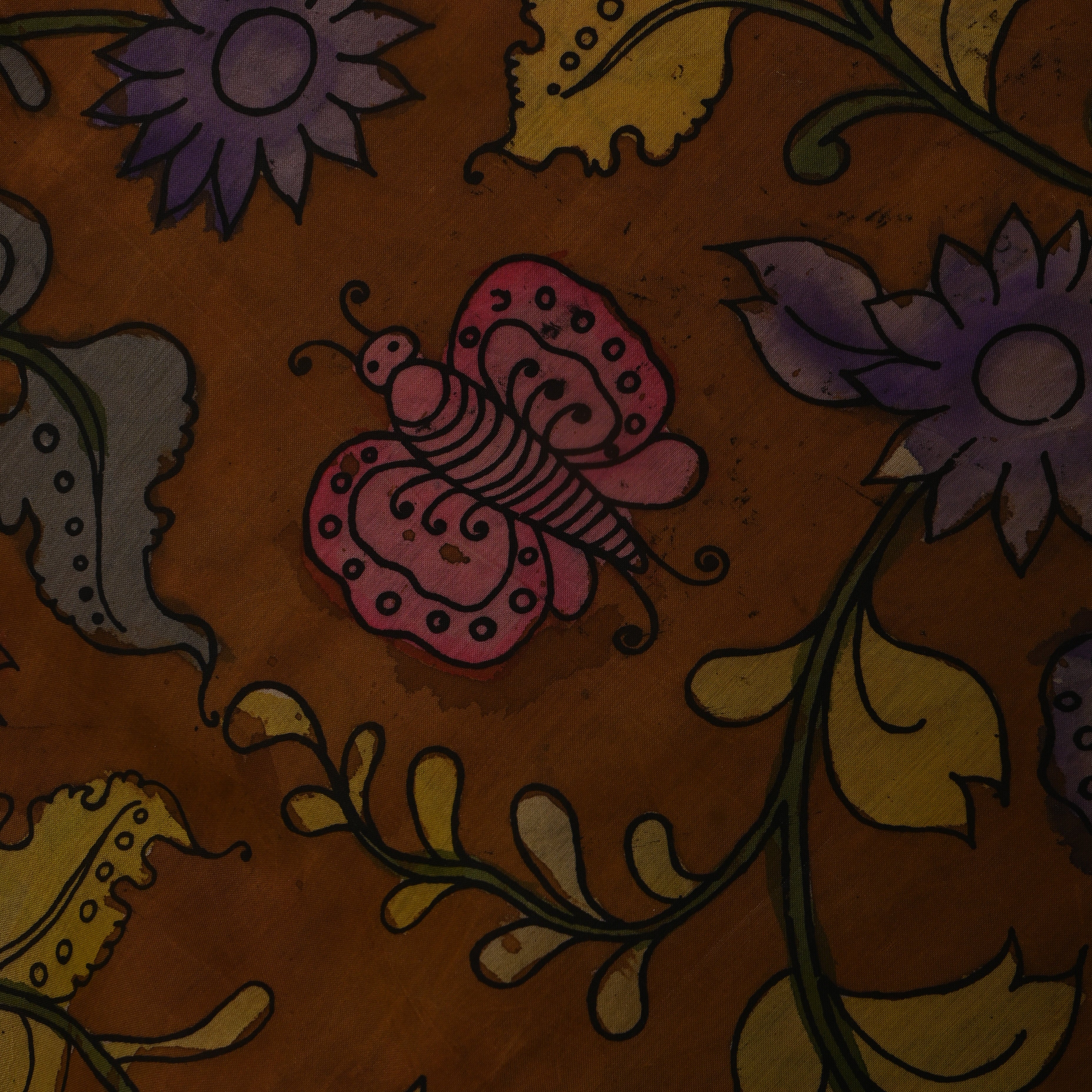 Rust Yellow Kalamkari Floral Butterfly Dupion Silk