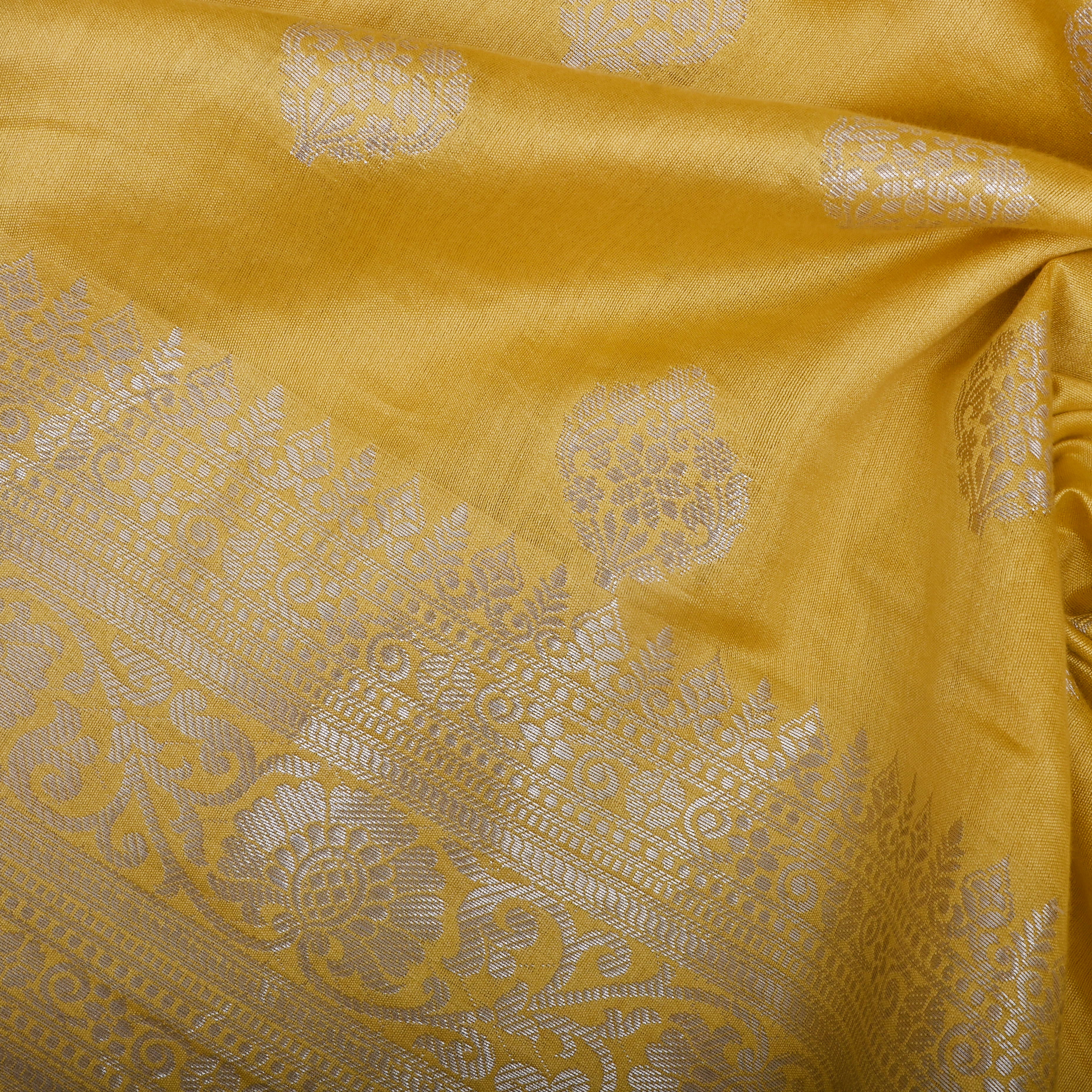 Soft Yellow Floral Silver Zari Silk Fabric