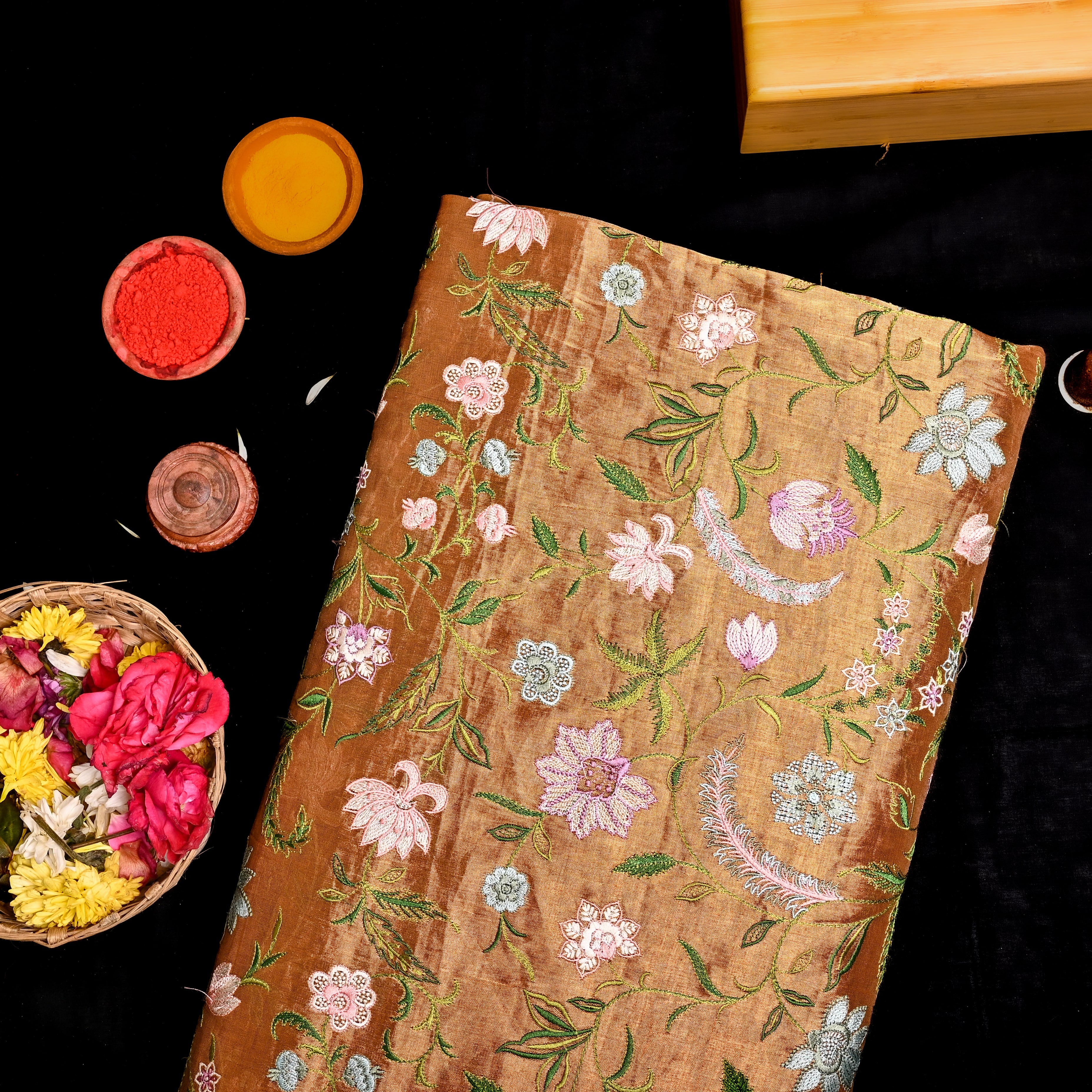 Bright Gold Kanjivaram Tissue Fabric With Embroidery
