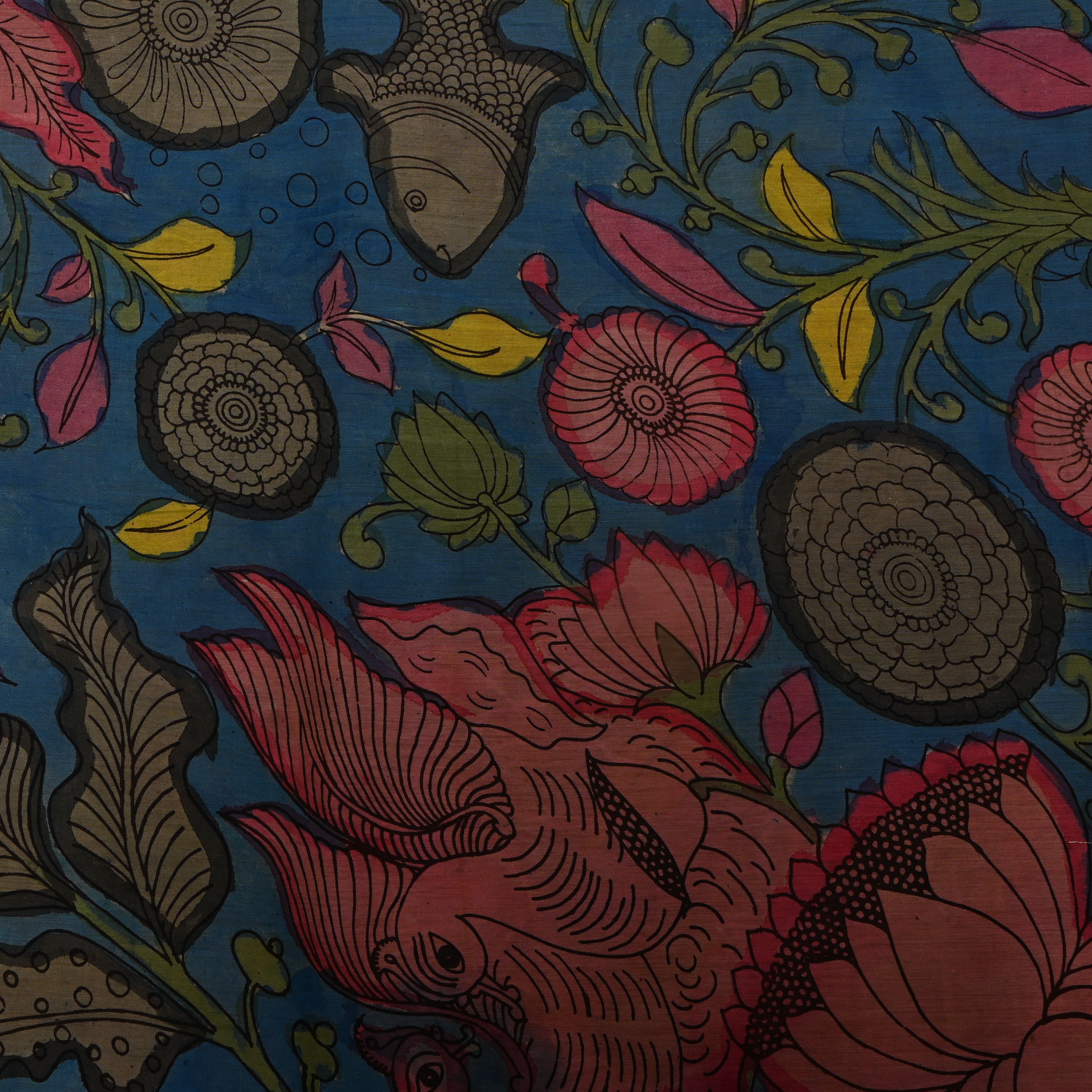 Peacock Blue Kalamkari Fish And Lotus Dupion Silk