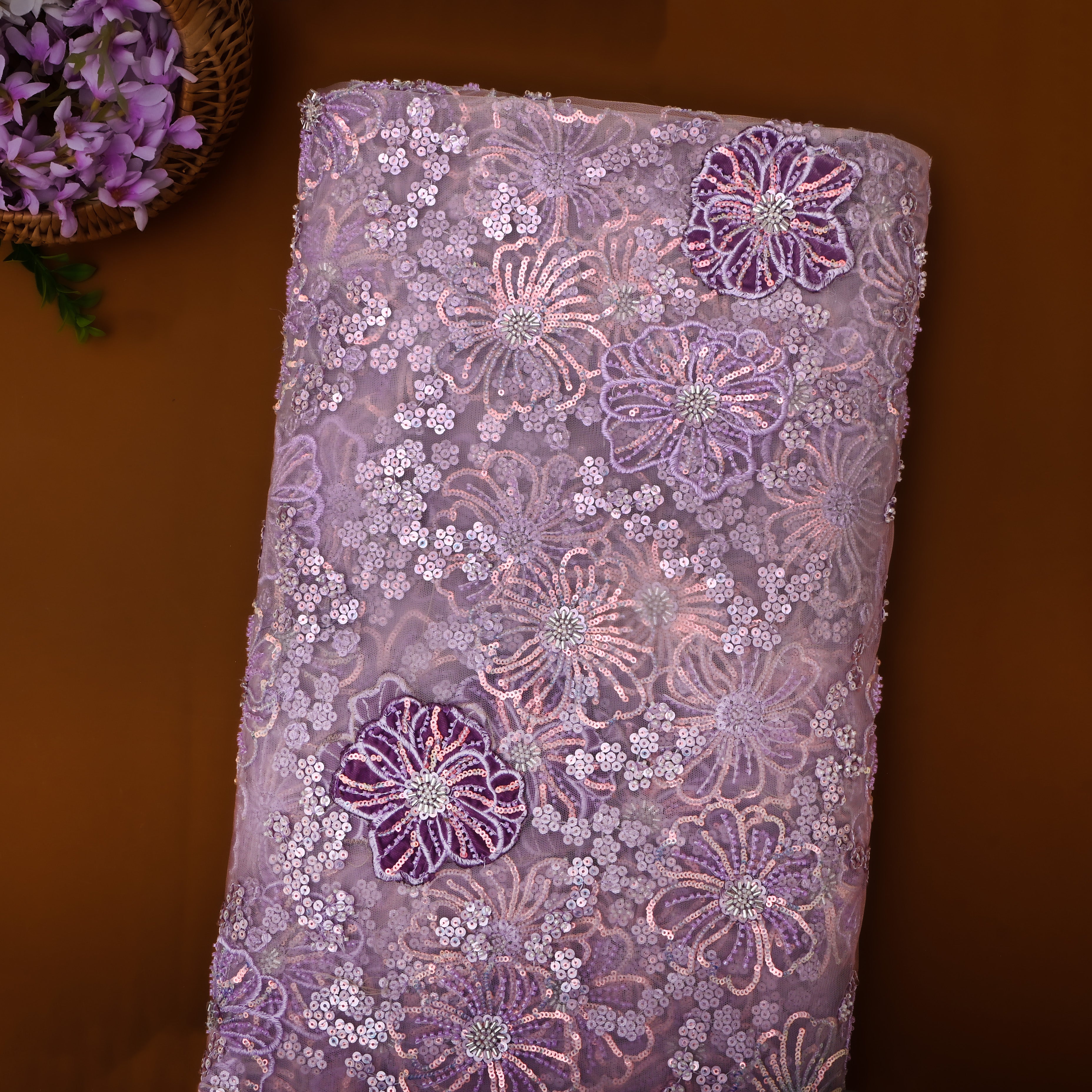 Pastel Lavender Floral Embroidered Net Fabric