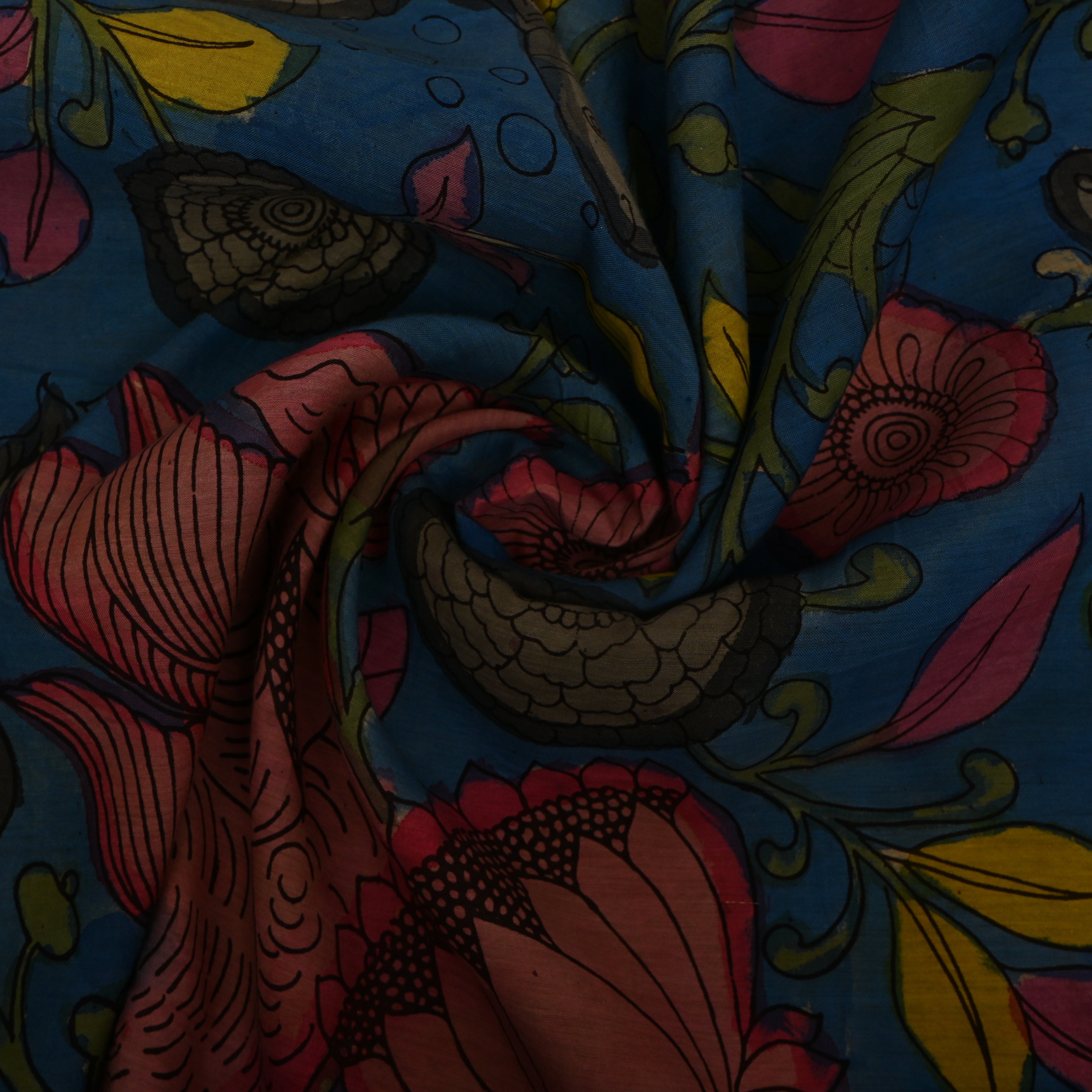 Peacock Blue Kalamkari Fish And Lotus Dupion Silk