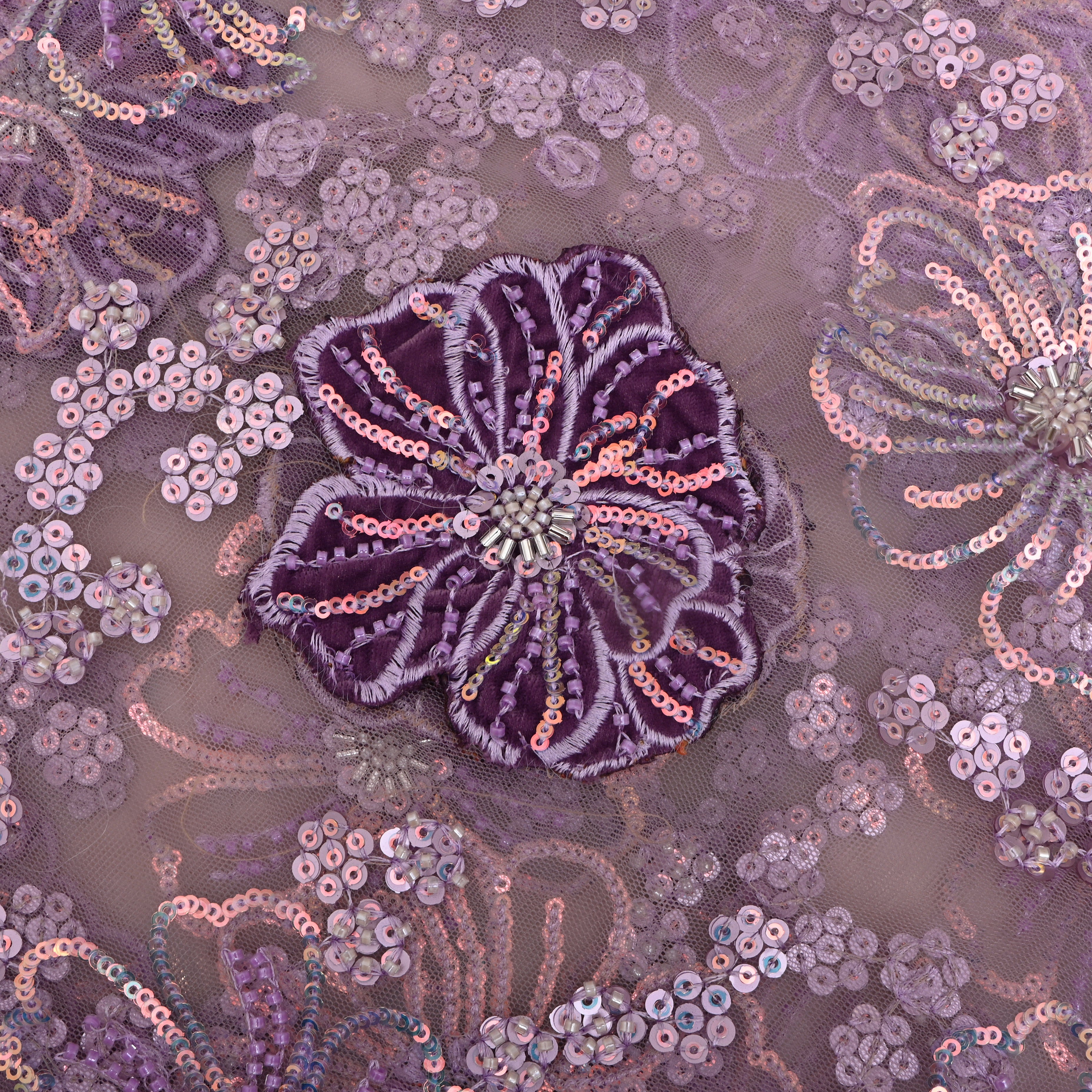 Pastel Lavender Floral Embroidered Net Fabric