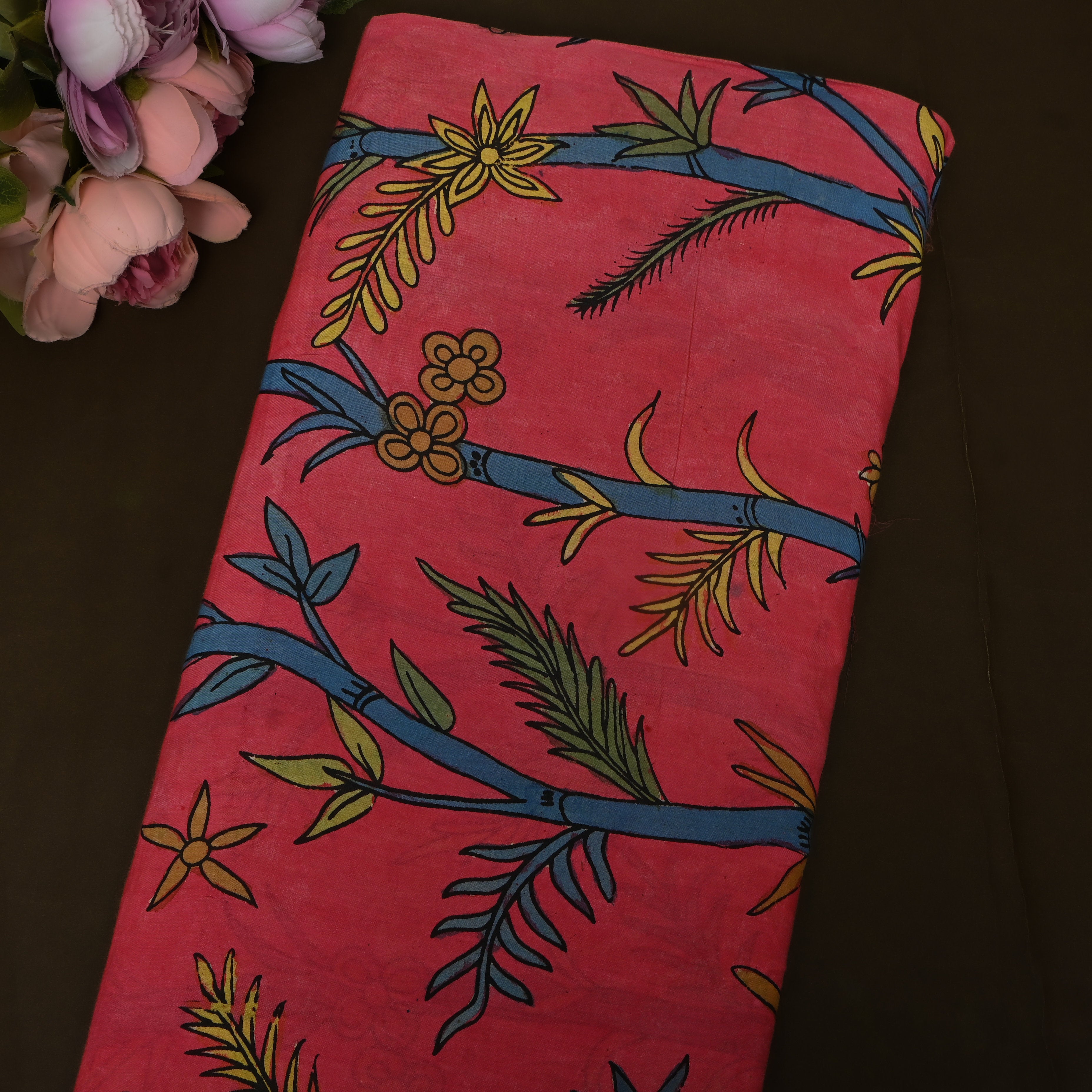 Deep Pink Kalamkari Bamboo Leaf Dupion Silk