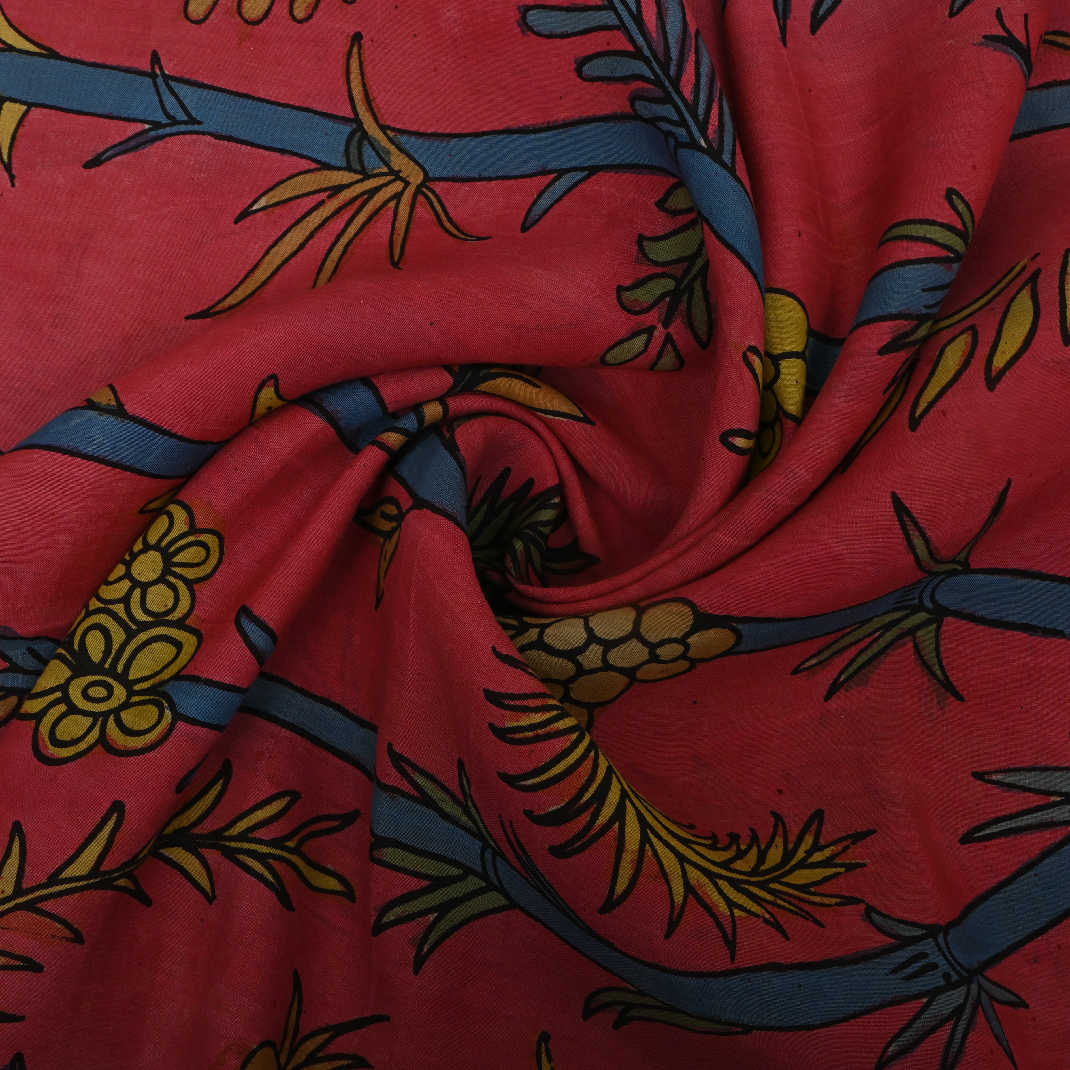 Deep Pink Kalamkari Bamboo Leaf Dupion Silk