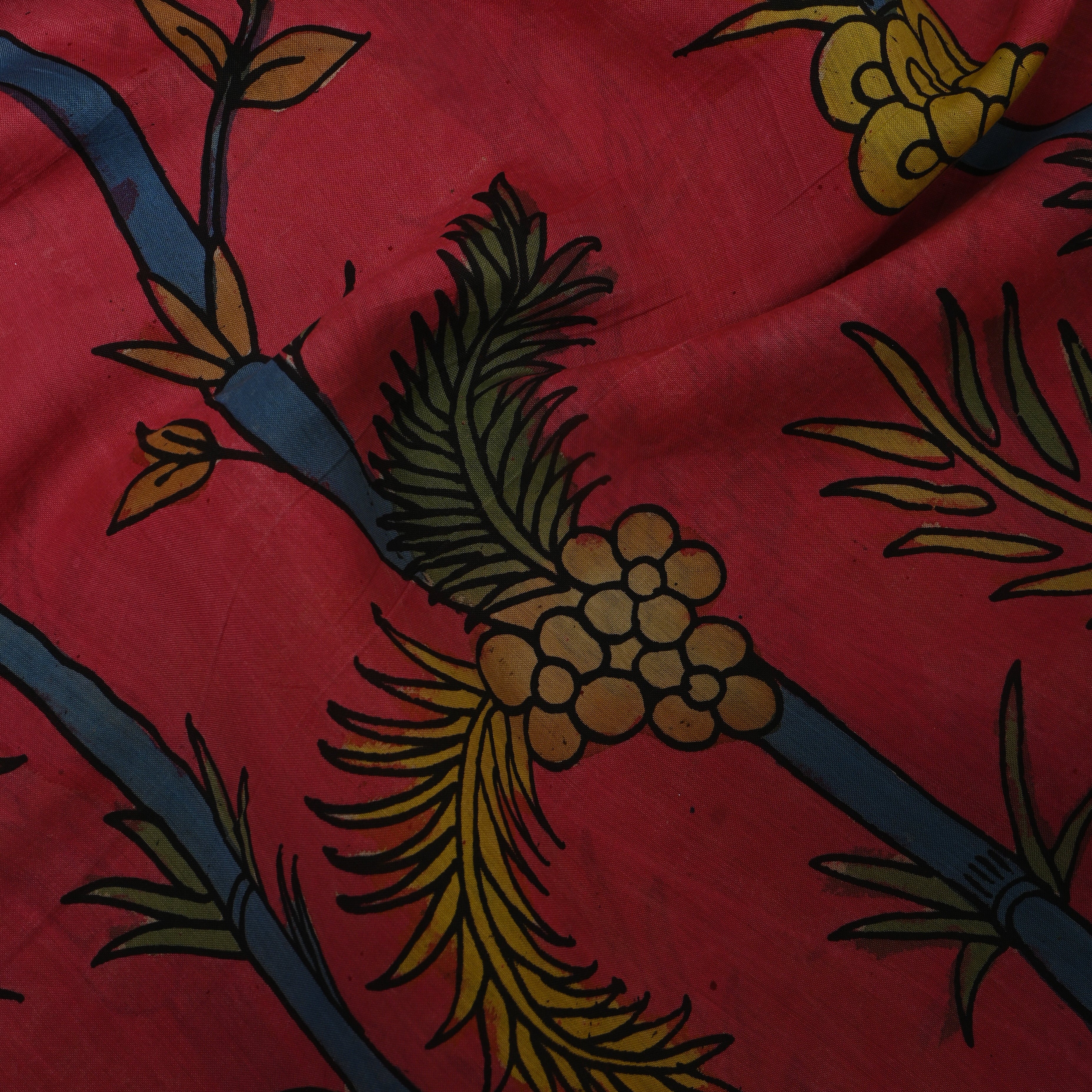 Deep Pink Kalamkari Bamboo Leaf Dupion Silk
