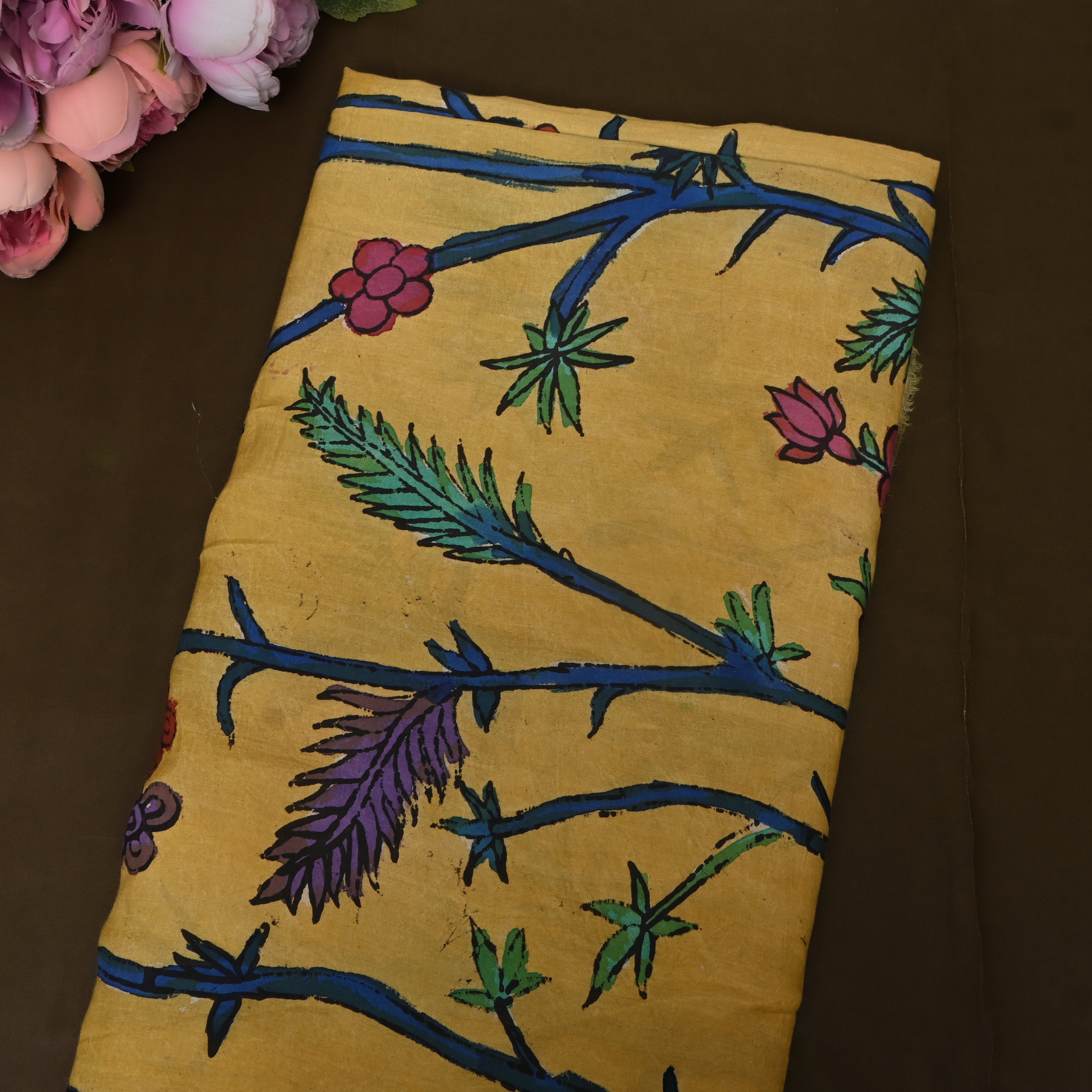 Mustard Yellow Kalamkari Floral Vine Dupion Silk